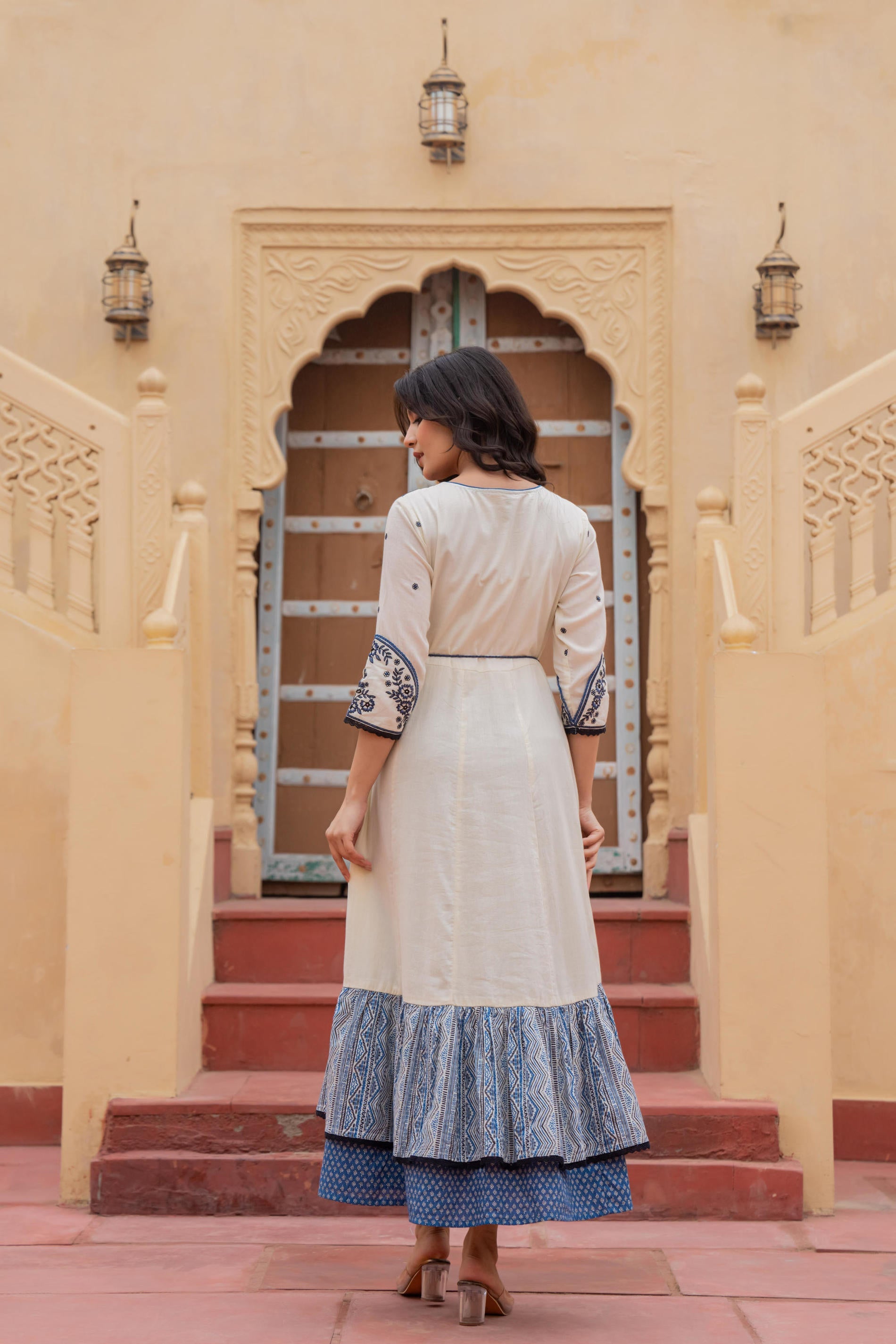 Off White & Indigo Embroidered Tiered Ethnic Dress with Inner Layer