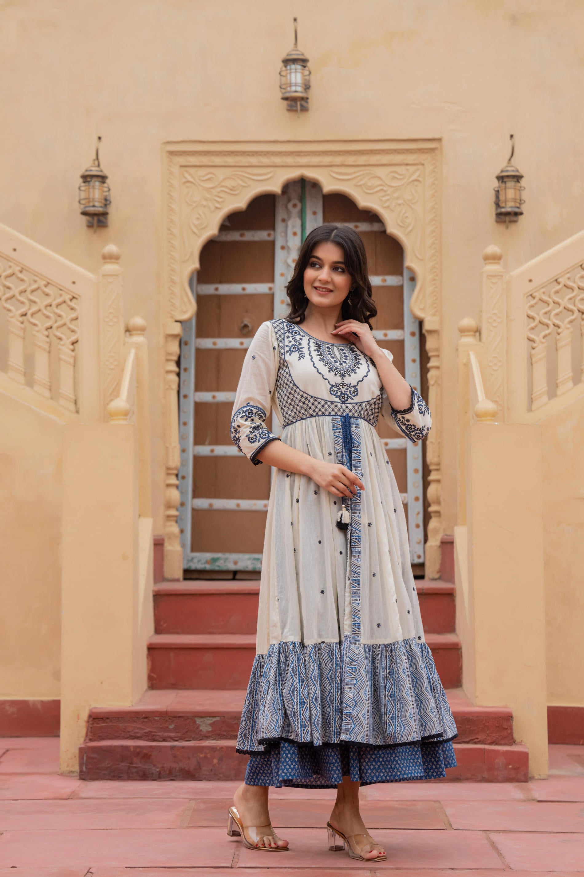 Off White & Indigo Embroidered Tiered Ethnic Dress with Inner Layer