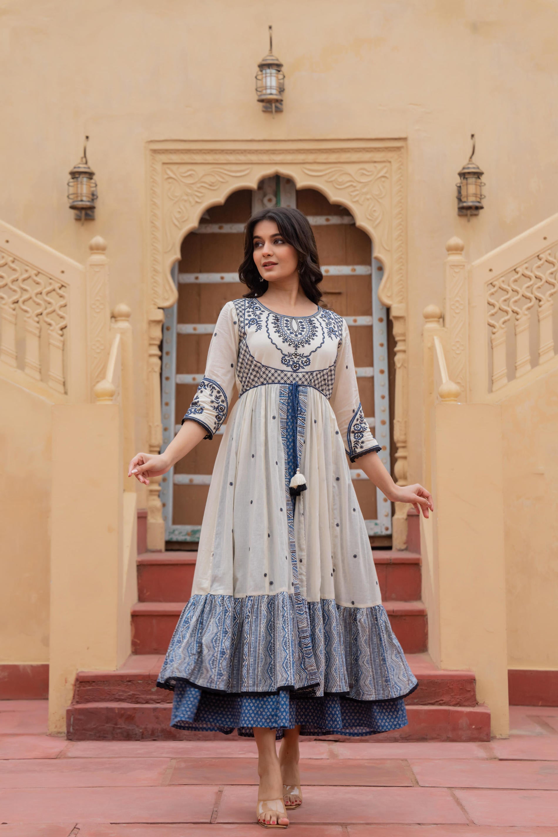 Off White & Indigo Embroidered Tiered Ethnic Dress with Inner Layer