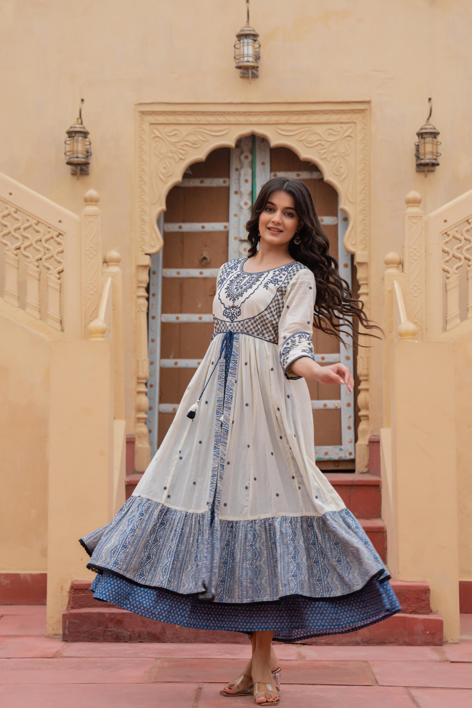 Off White & Indigo Embroidered Tiered Ethnic Dress with Inner Layer