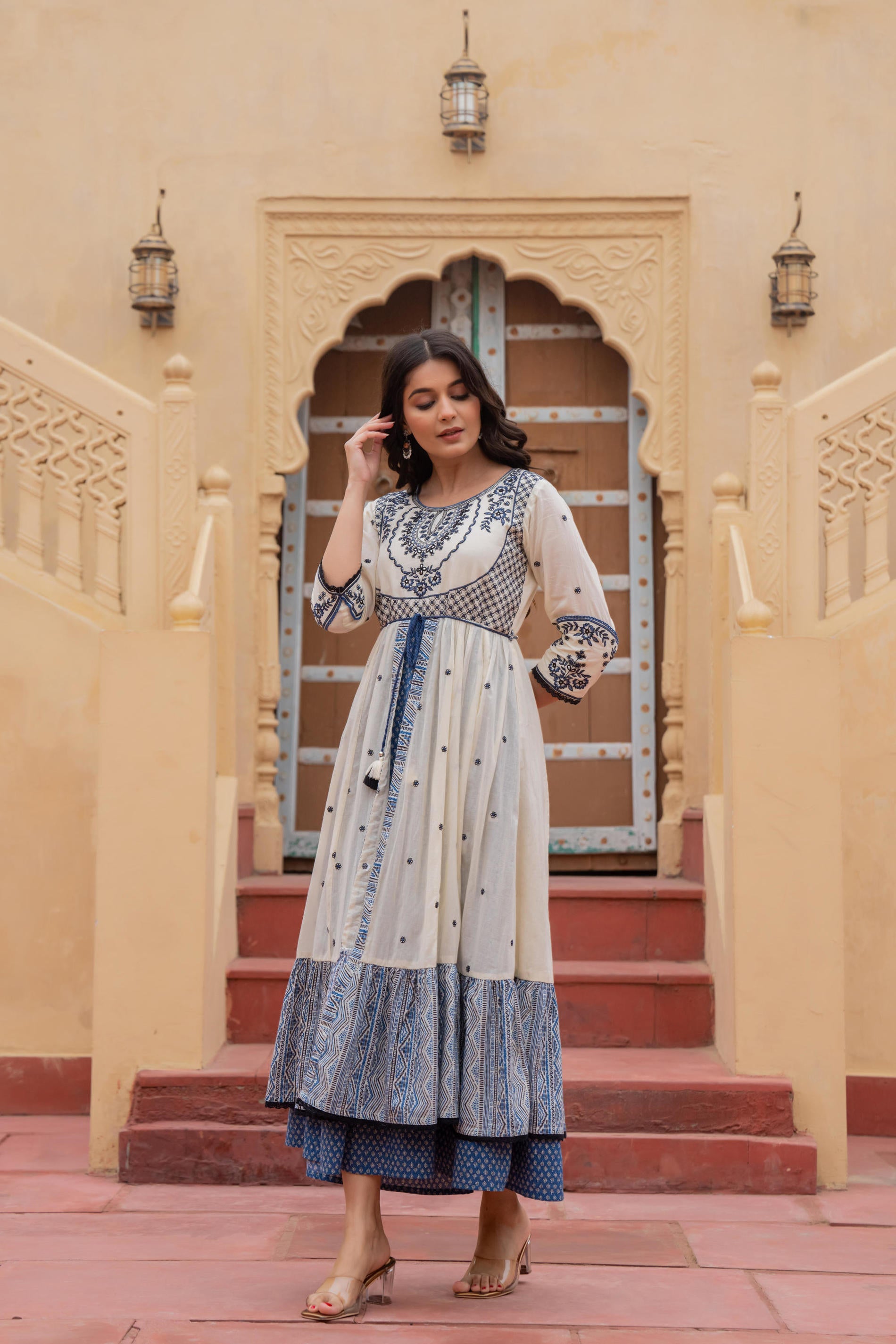 Off White & Indigo Embroidered Tiered Ethnic Dress with Inner Layer