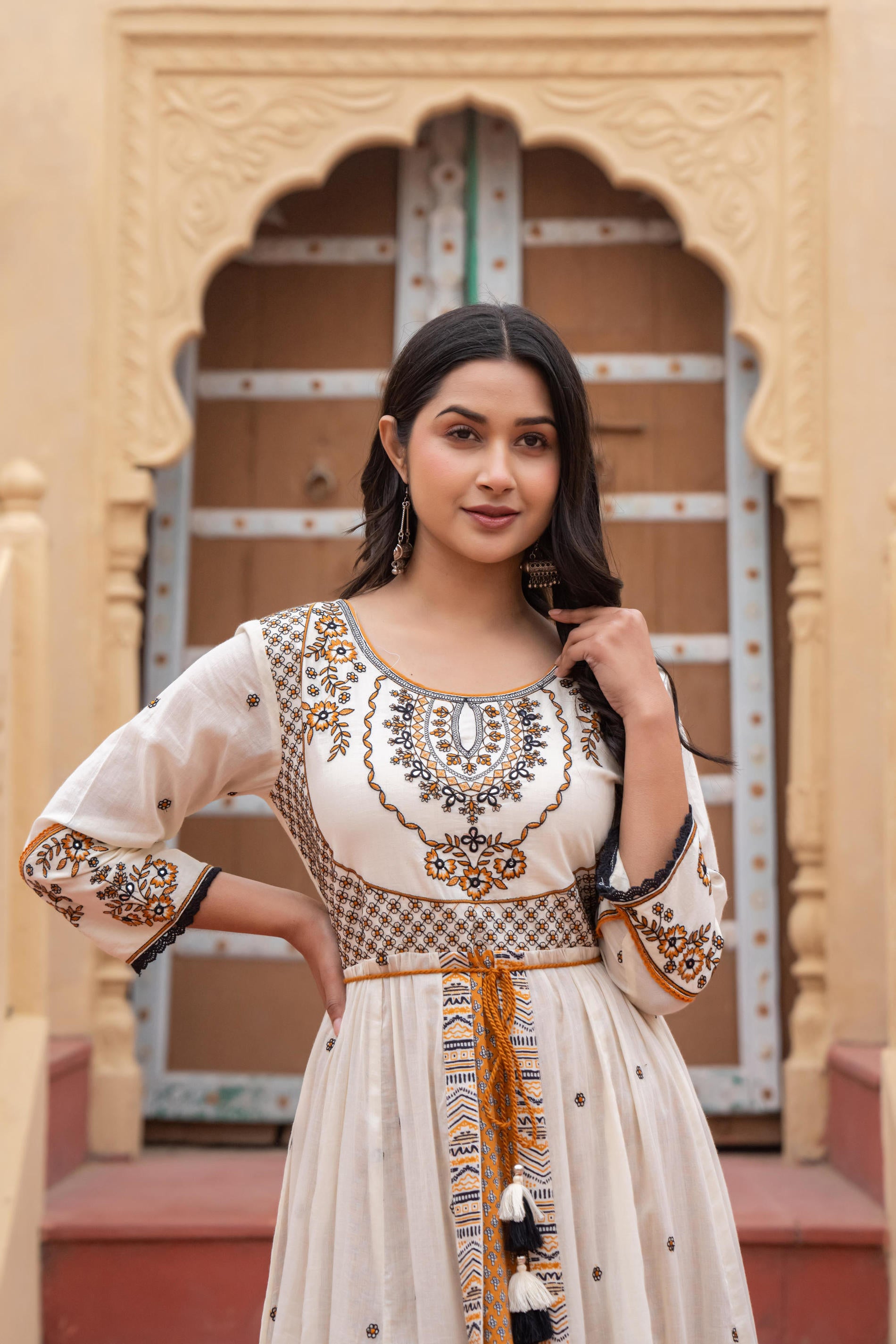 Off White & Mustard Embroidered Tiered Ethnic Dress with Inner Layer