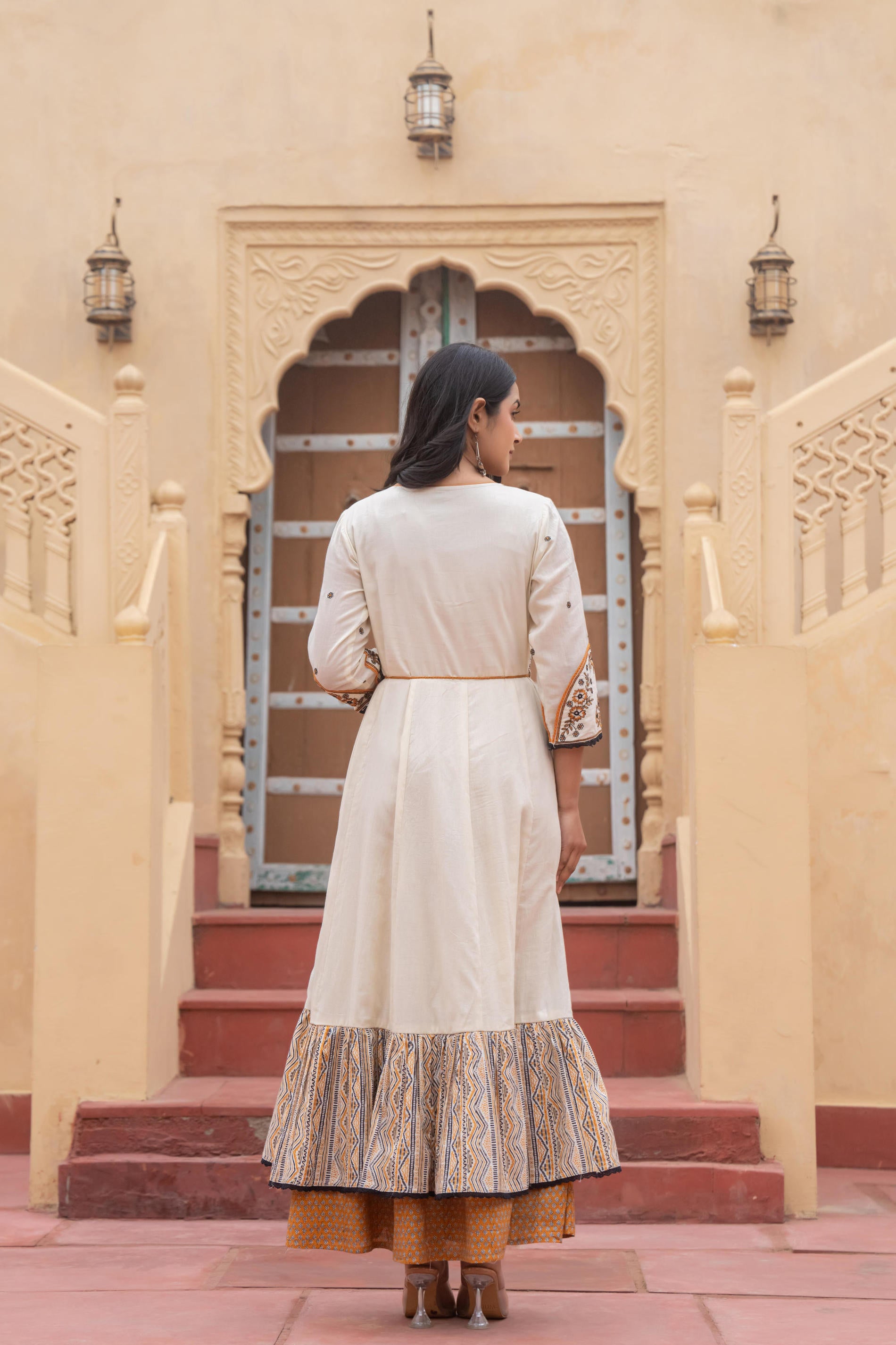 Off White & Mustard Embroidered Tiered Ethnic Dress with Inner Layer