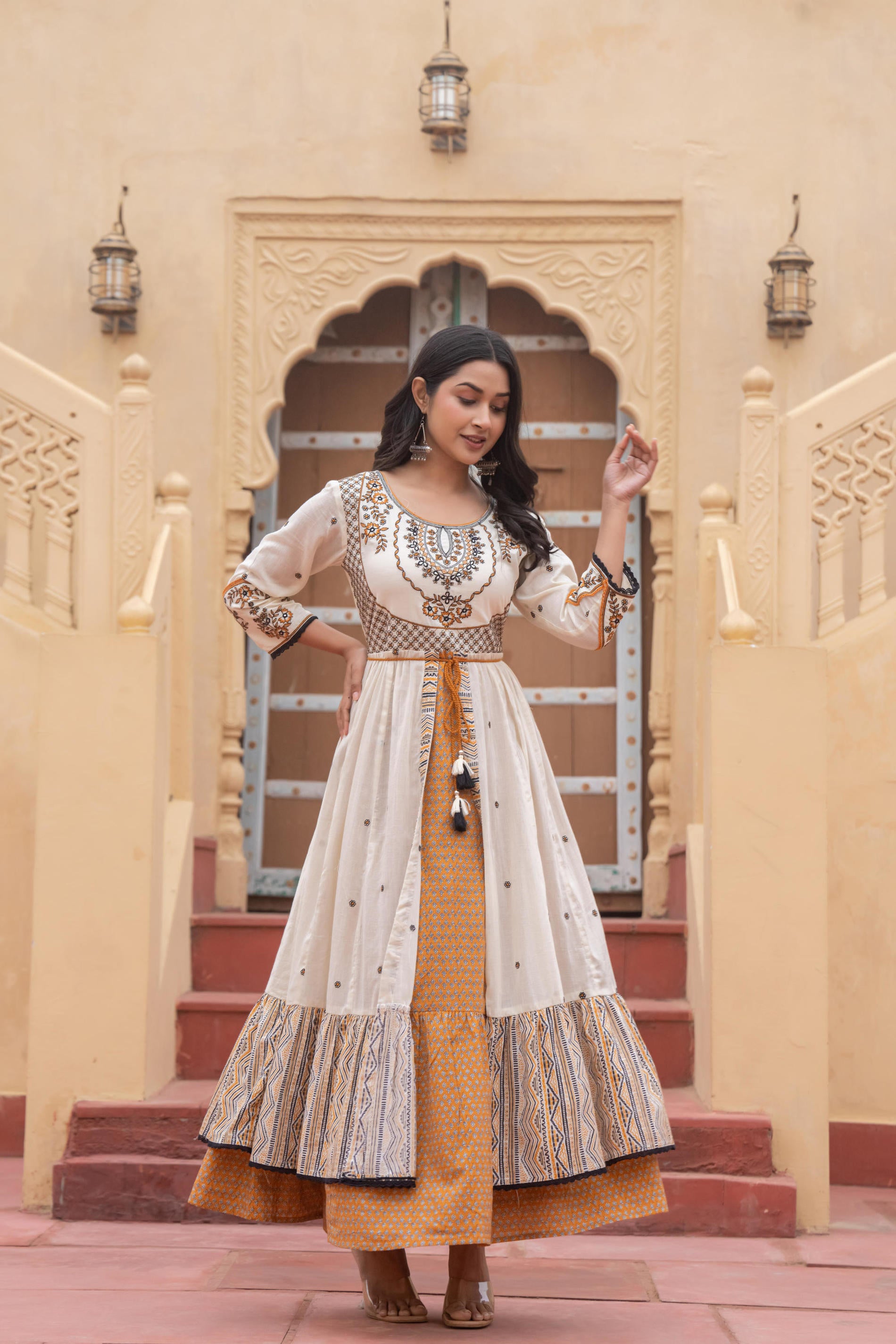 Off White & Mustard Embroidered Tiered Ethnic Dress with Inner Layer
