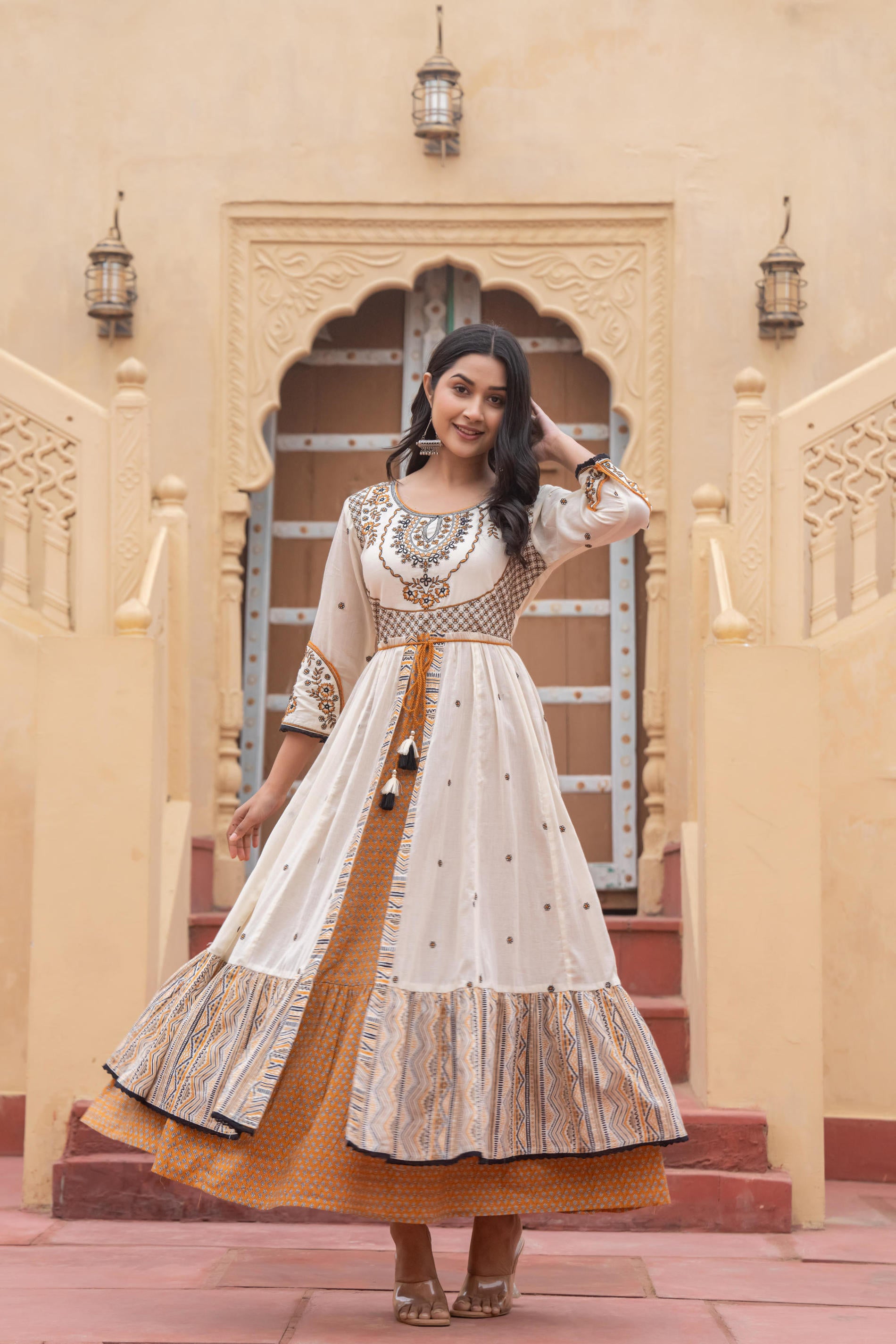 Off White & Mustard Embroidered Tiered Ethnic Dress with Inner Layer