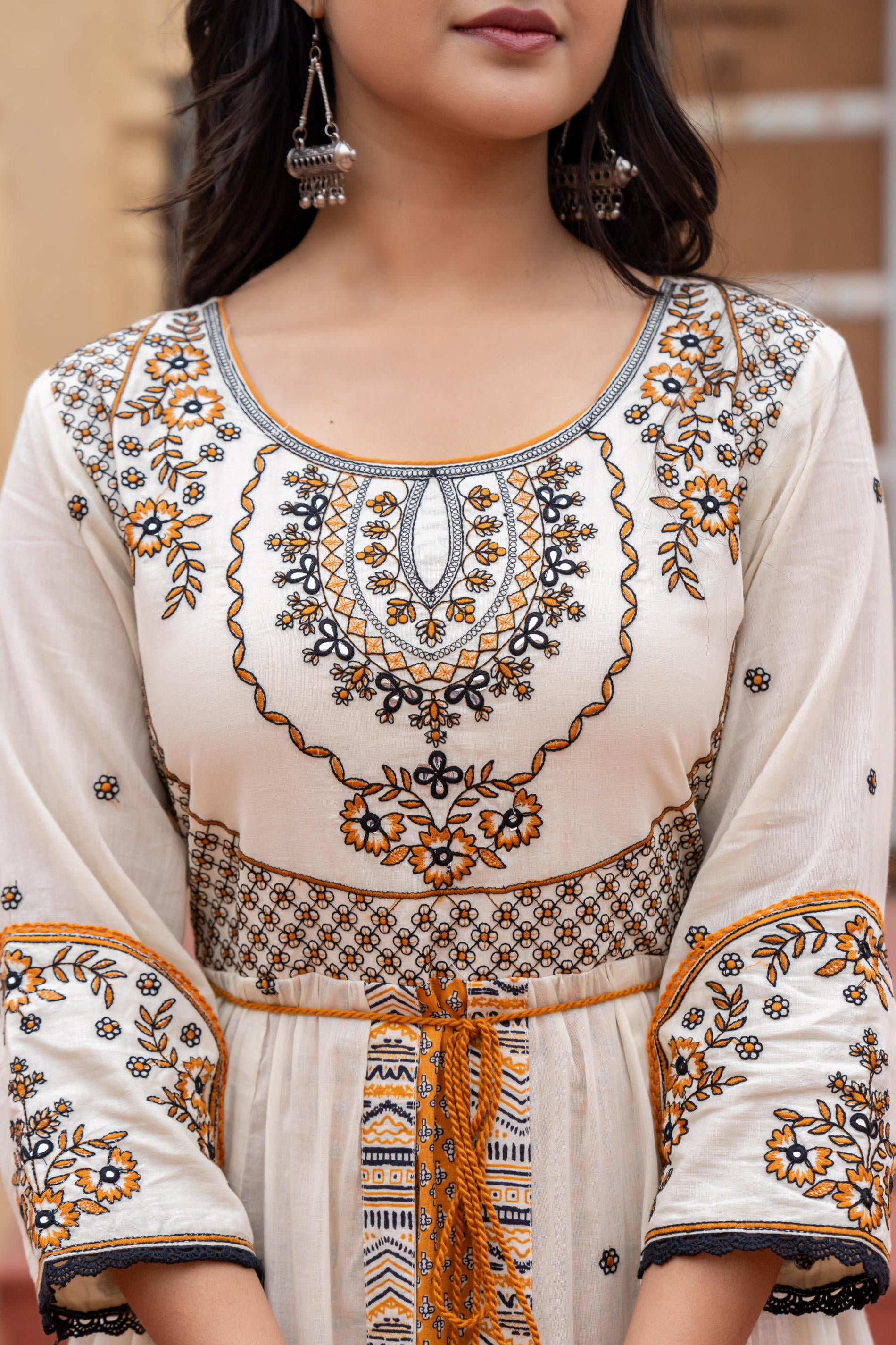 Off White & Mustard Embroidered Tiered Ethnic Dress with Inner Layer