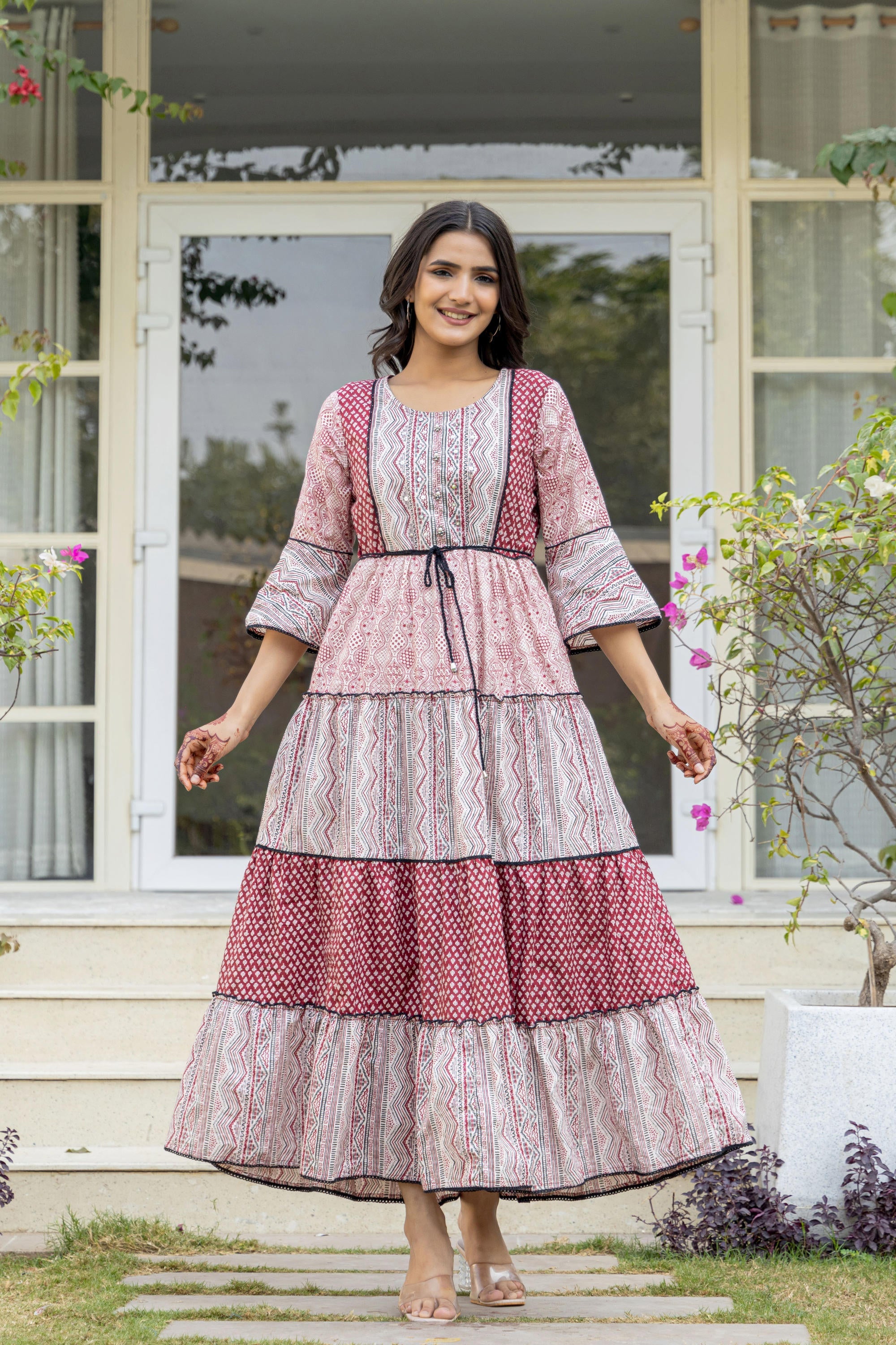 Red Ethnic Motif Printed Cotton Long Dress With Sequins & Doris