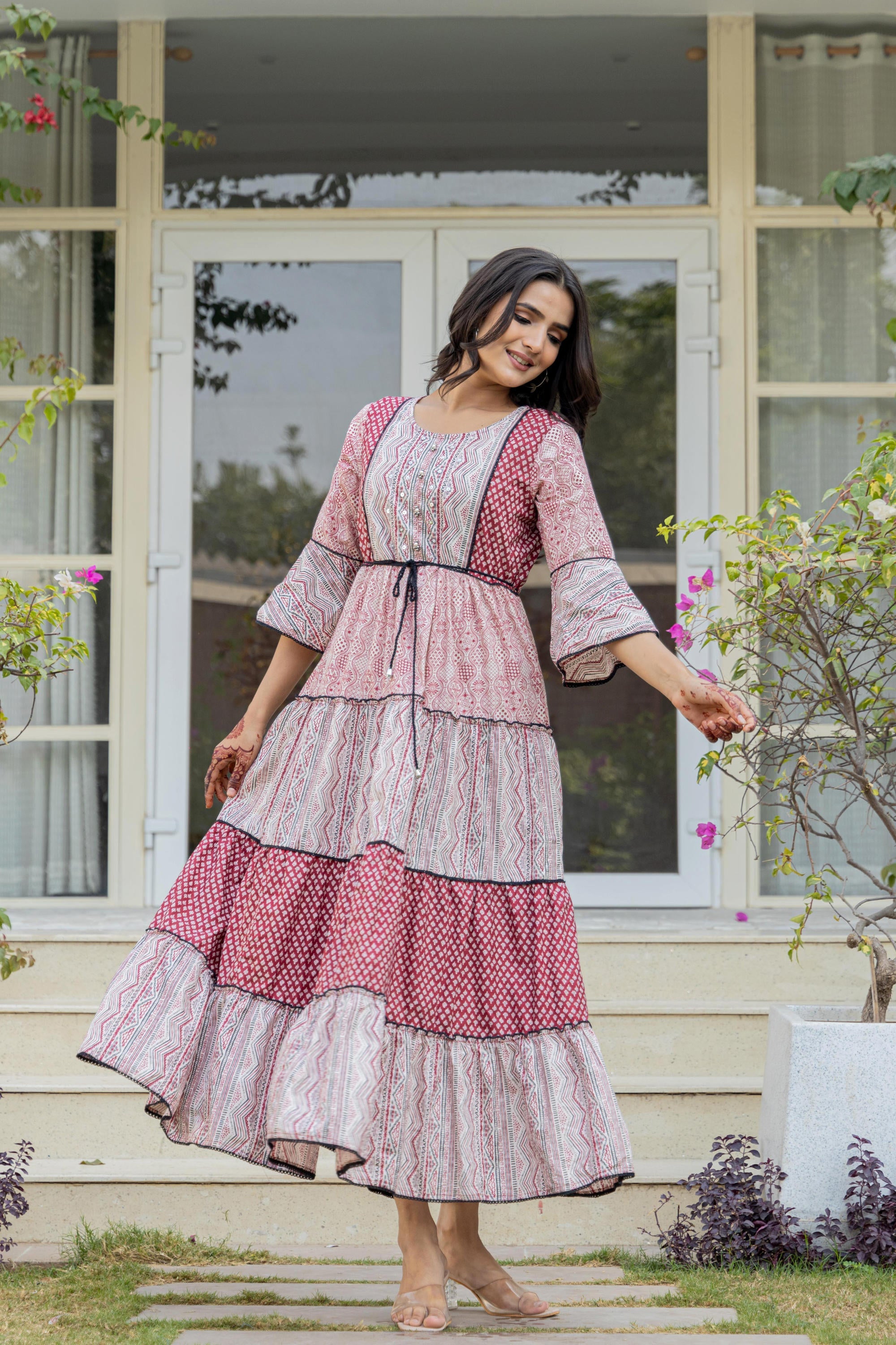 Red Ethnic Motif Printed Cotton Long Dress With Sequins & Doris