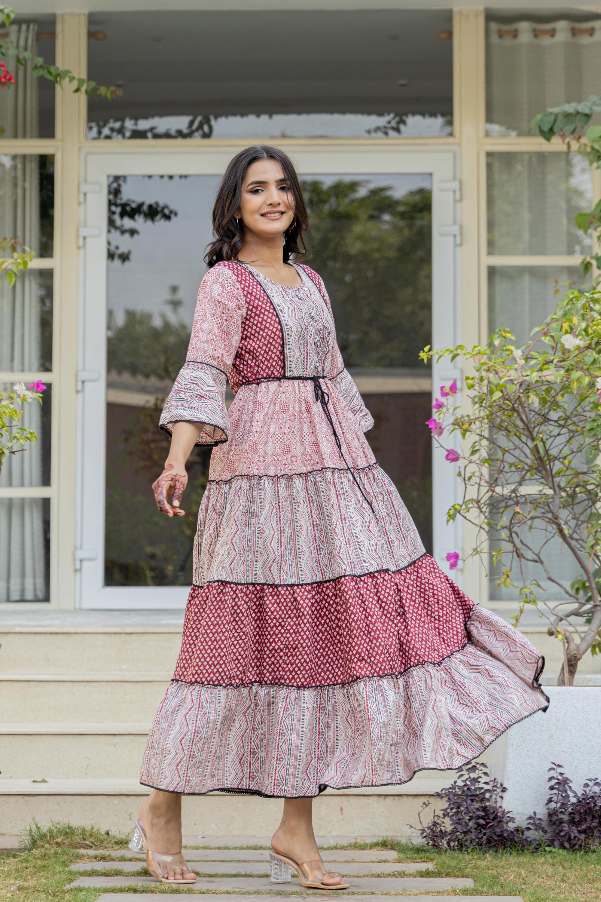 Red Ethnic Motif Printed Cotton Long Dress With Sequins & Doris