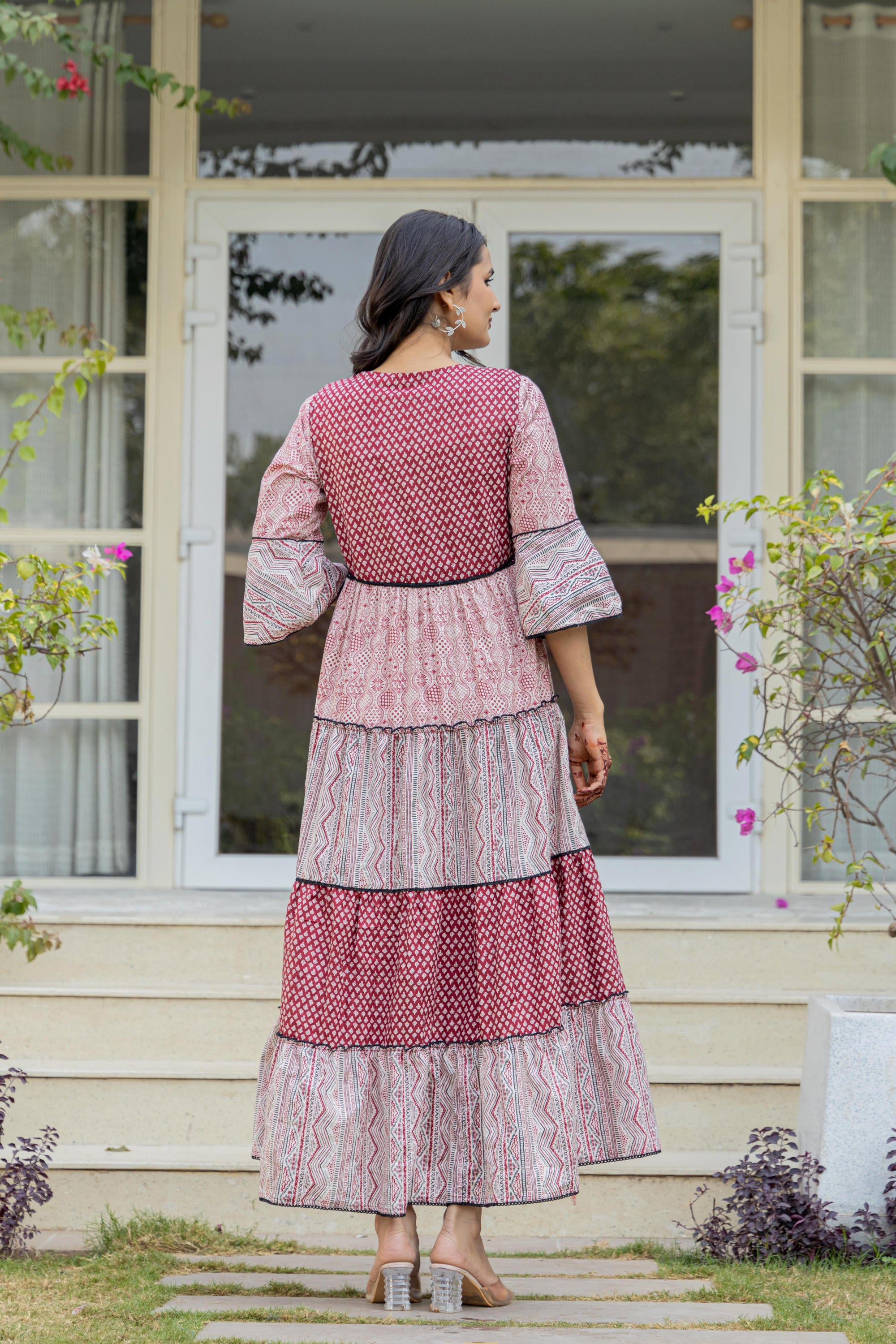Red Ethnic Motif Printed Cotton Long Dress With Sequins & Doris