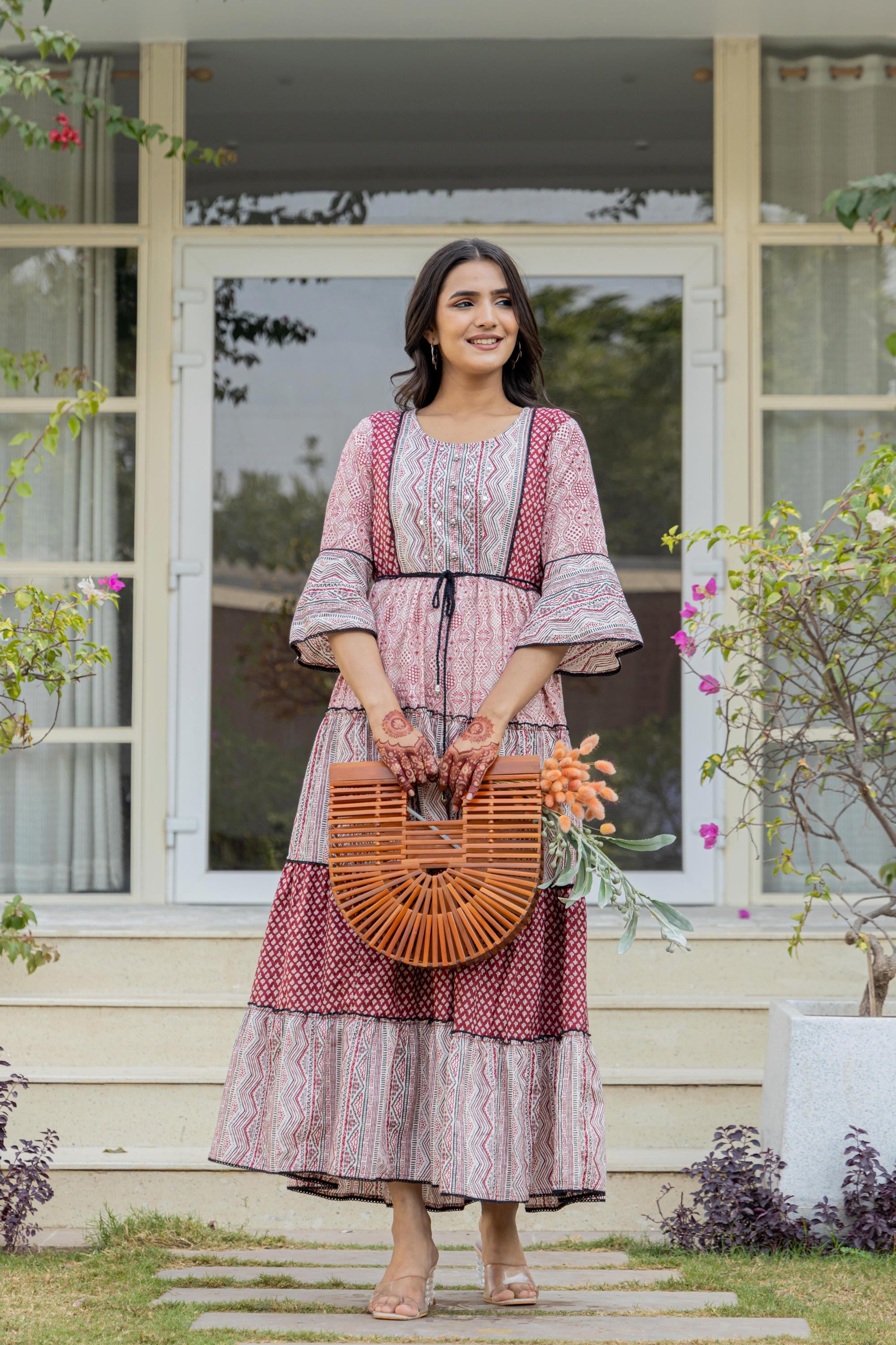 Red Ethnic Motif Printed Cotton Long Dress With Sequins & Doris