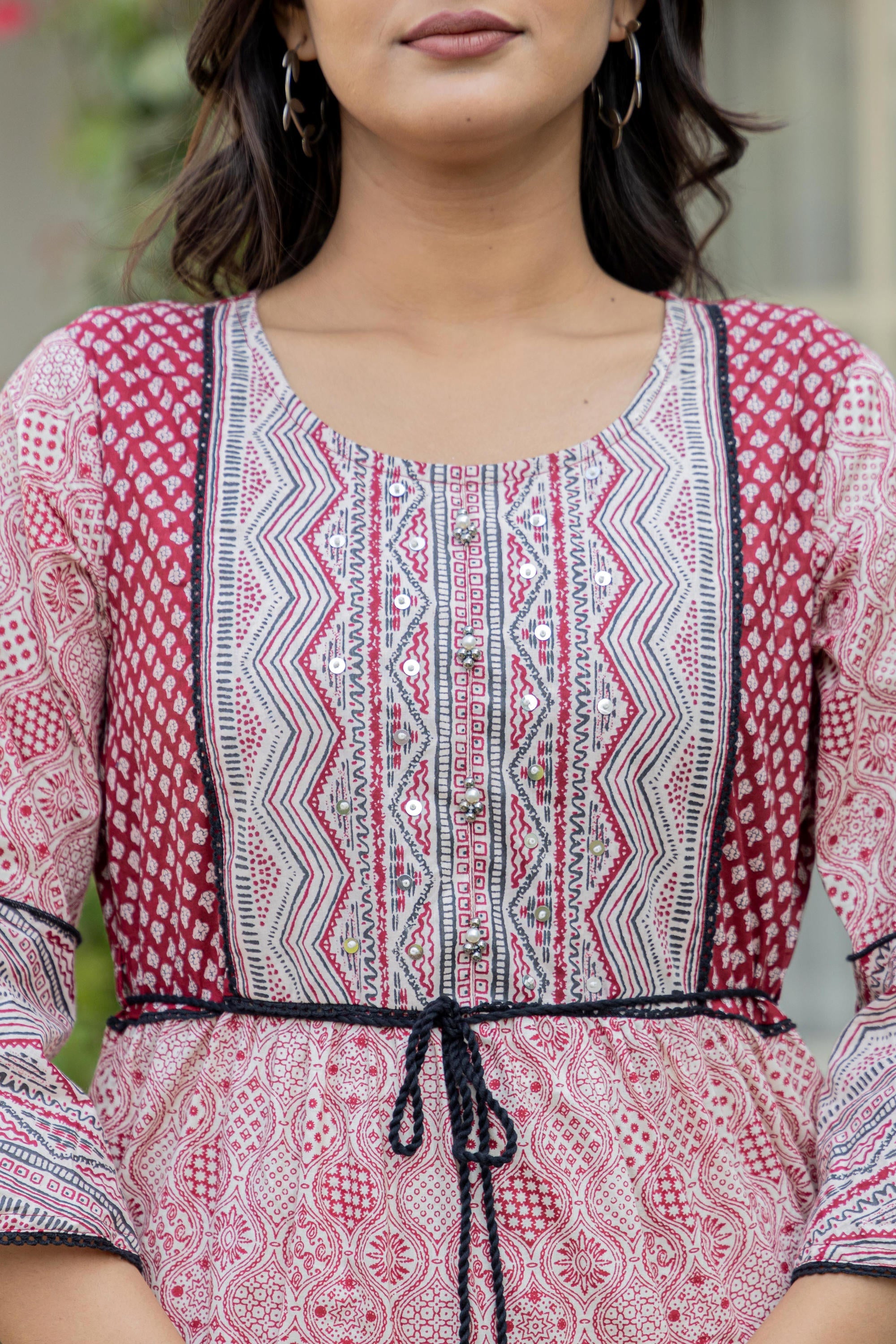 Red Ethnic Motif Printed Cotton Long Dress With Sequins & Doris