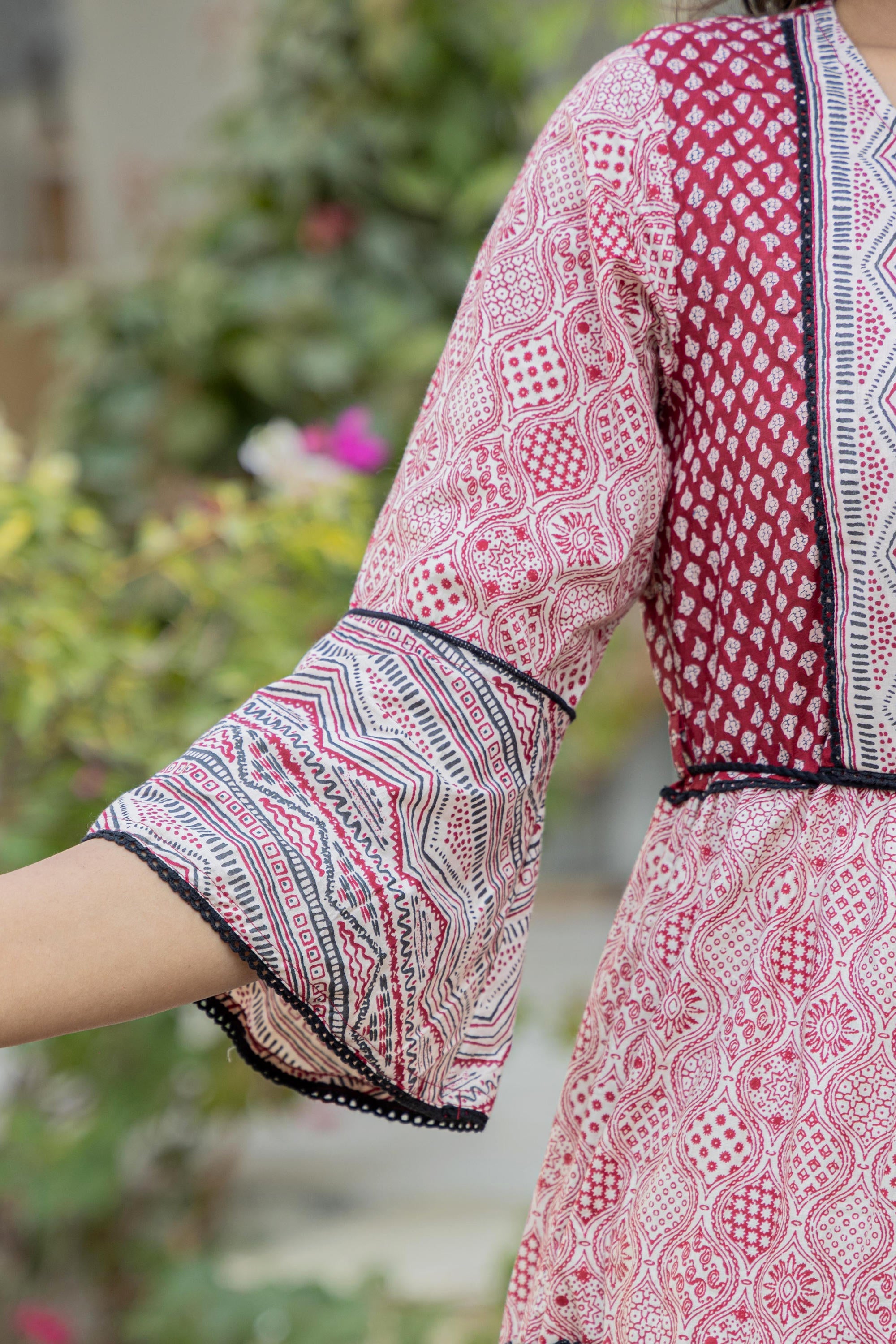 Red Ethnic Motif Printed Cotton Long Dress With Sequins & Doris