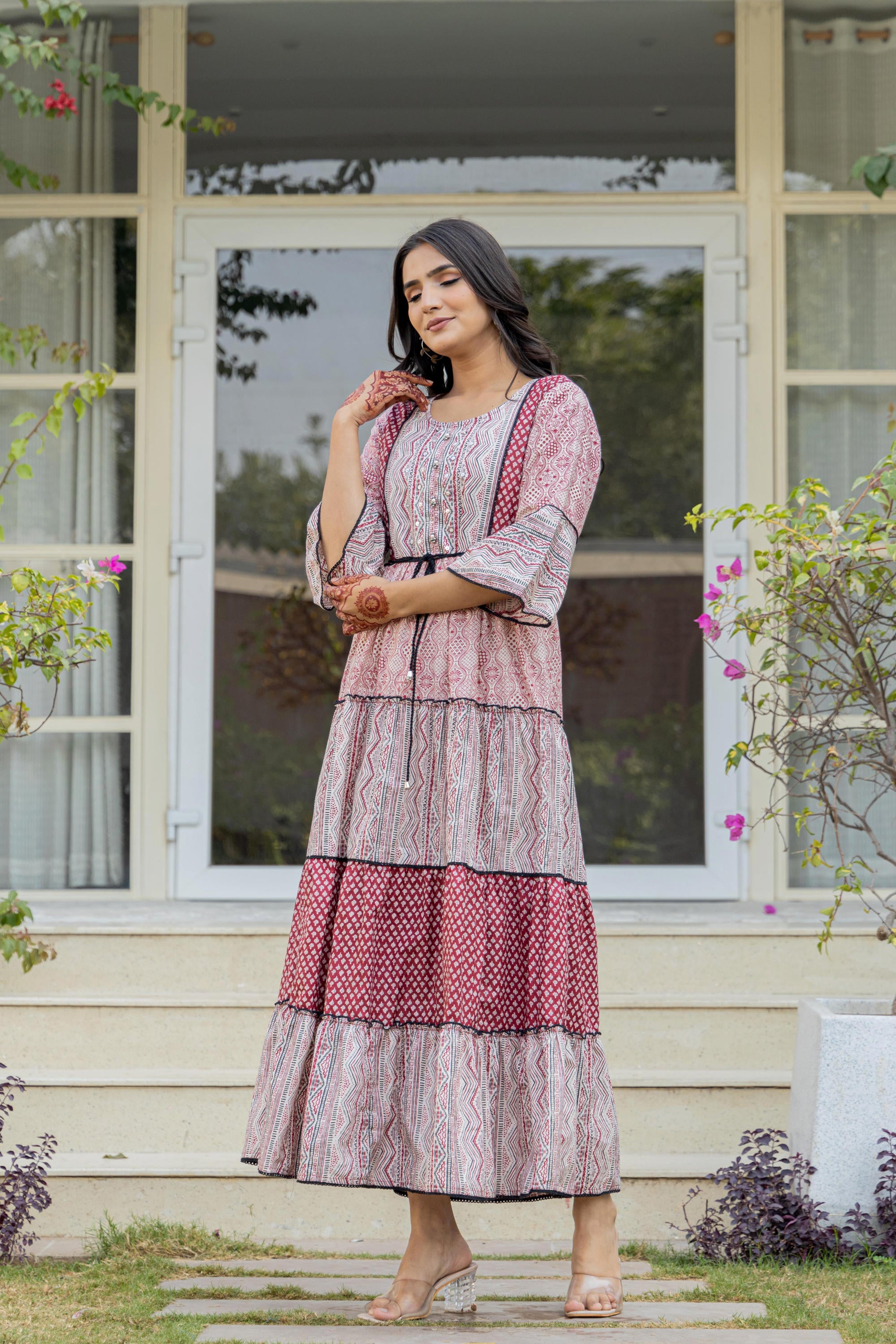 Red Ethnic Motif Printed Cotton Long Dress With Sequins & Doris