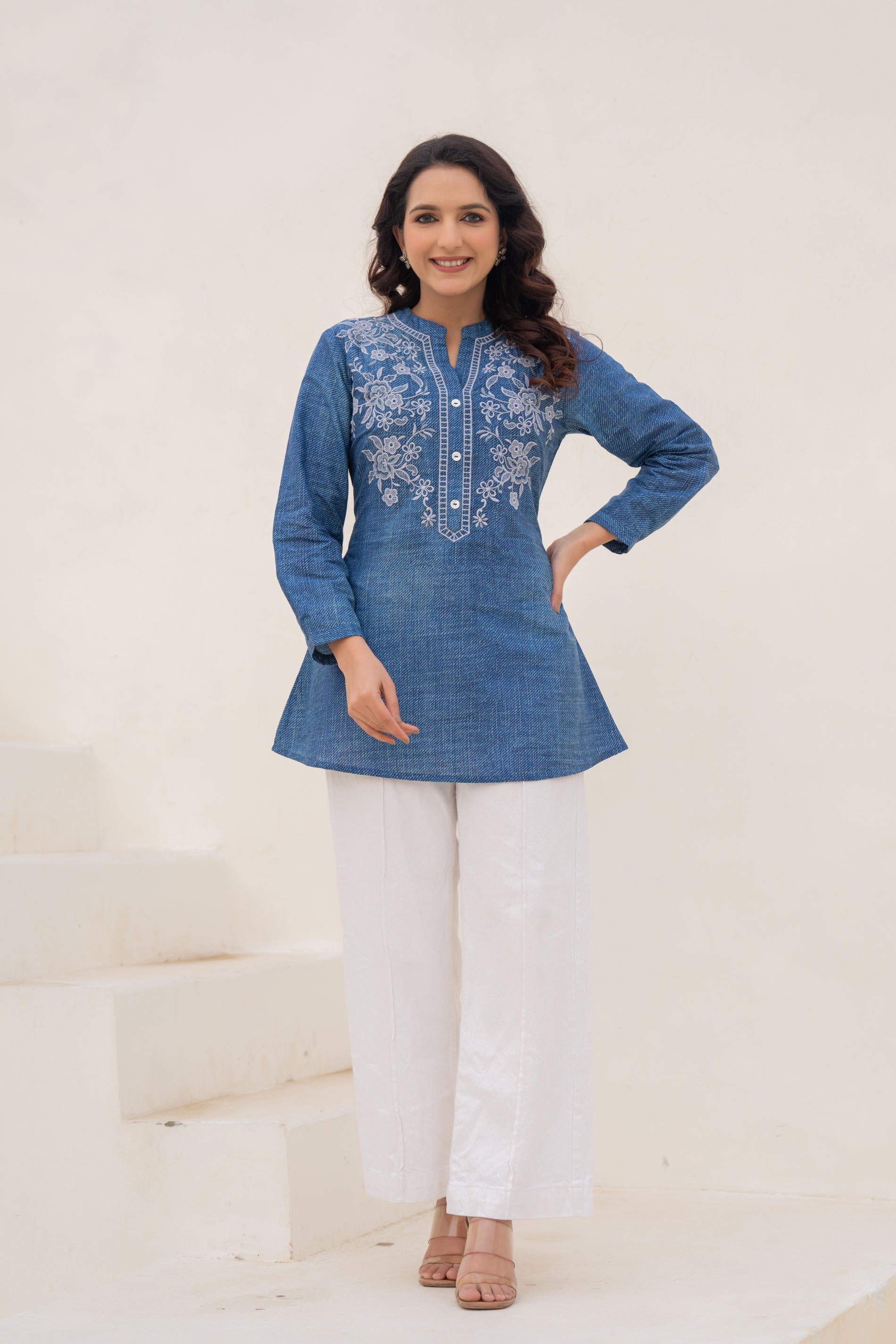 Blue Solid Cotton Tunic With Thread Work & Buttons