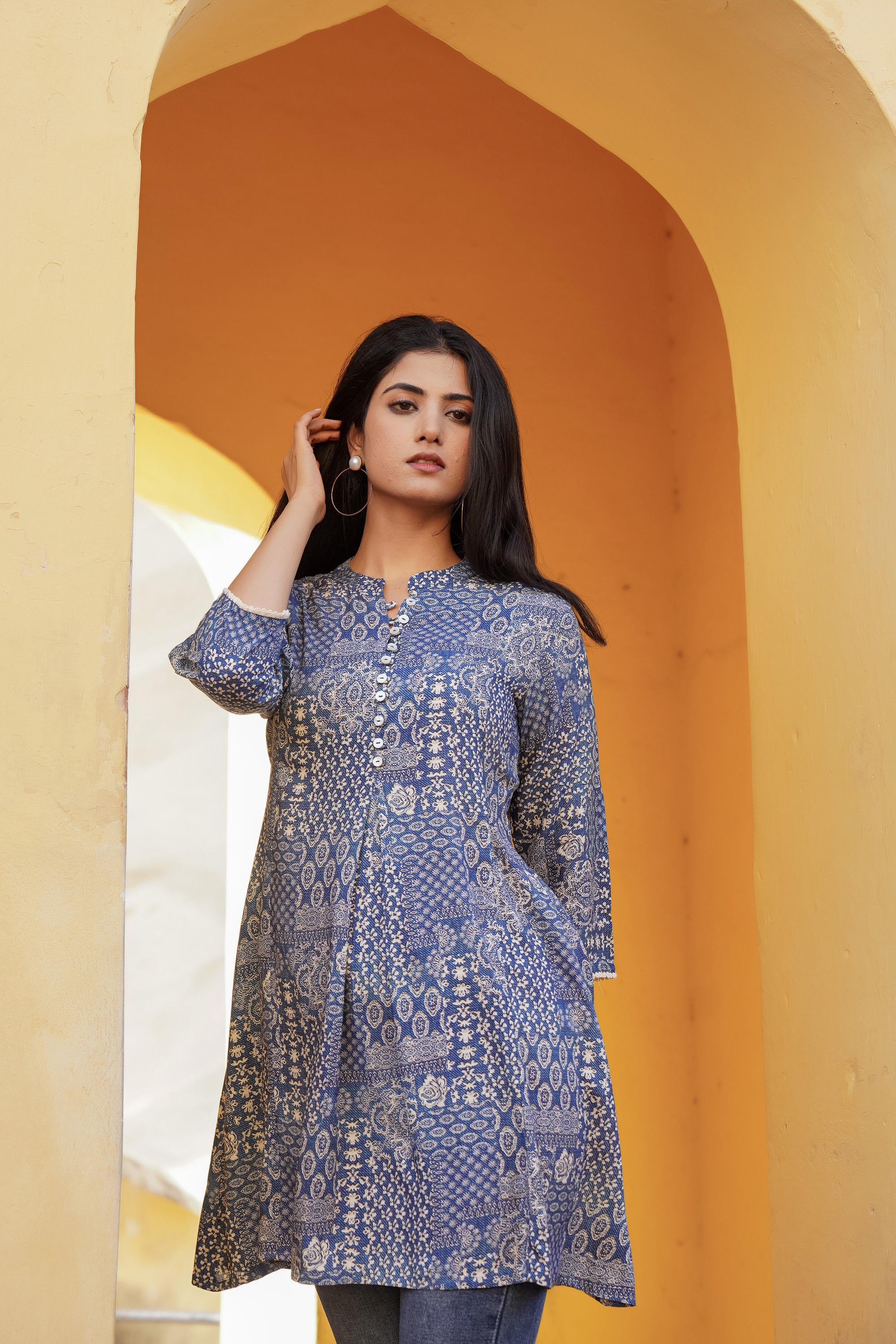 Blue Ethnic Motif Printed Viscose Tunic With Buttons