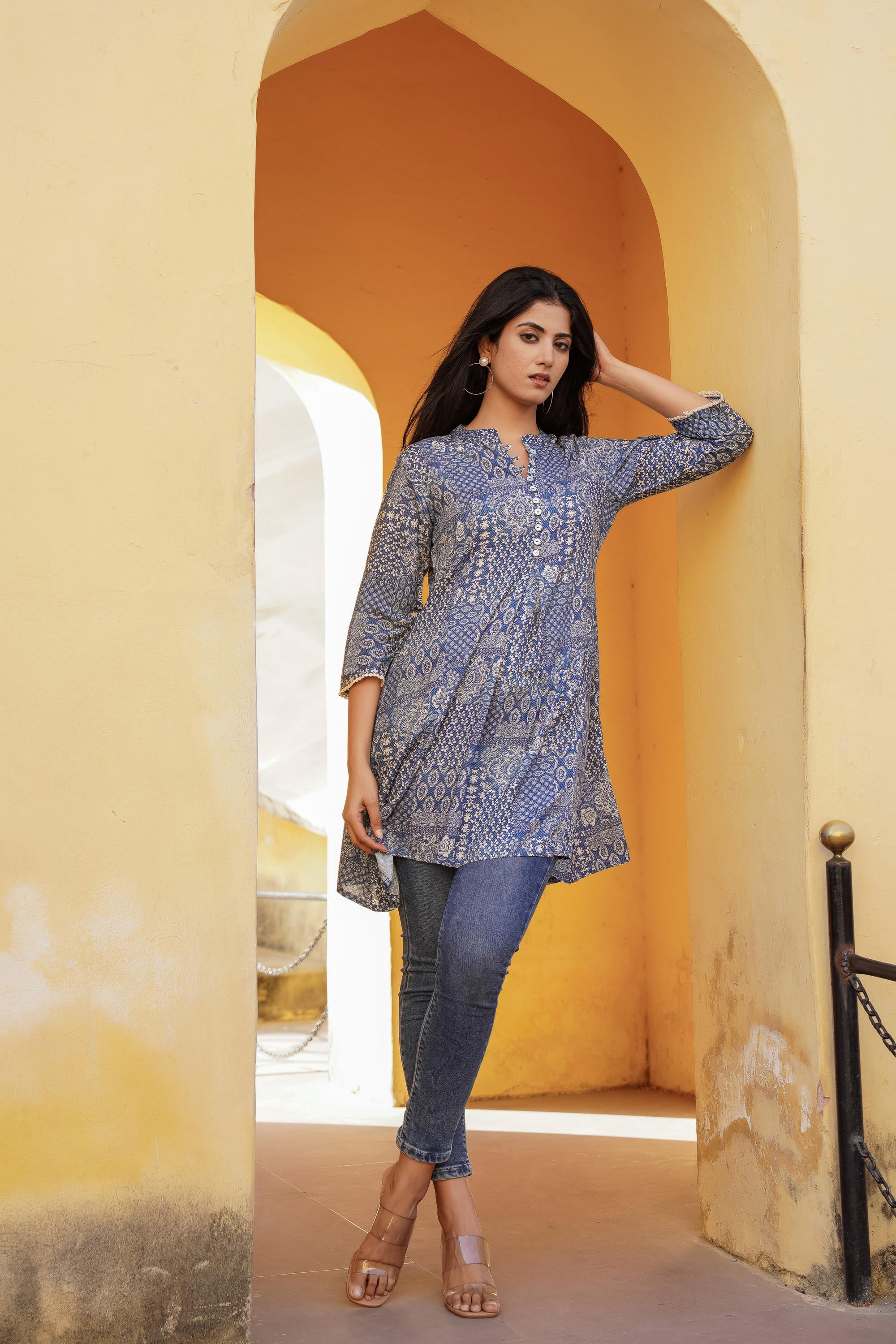 Blue Ethnic Motif Printed Viscose Tunic With Buttons