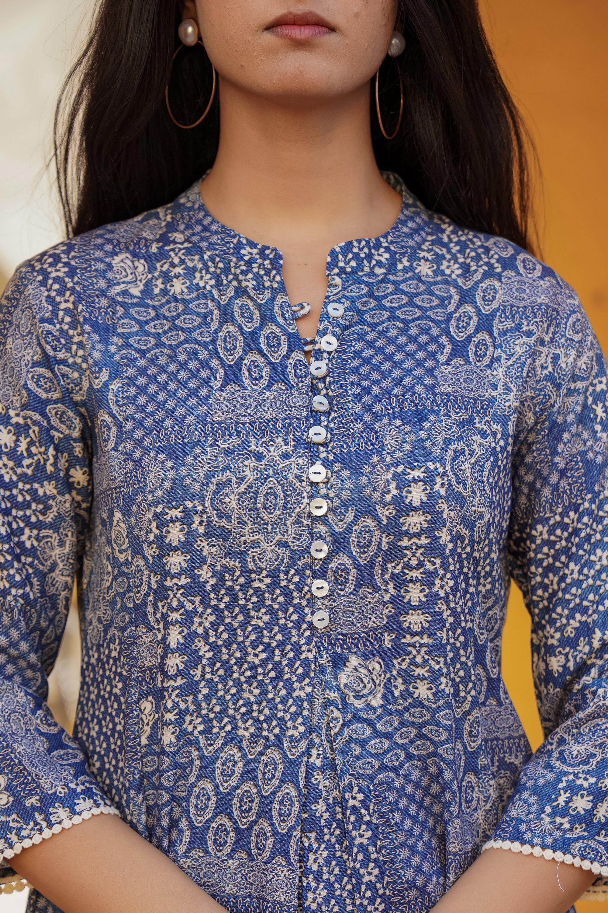 Blue Ethnic Motif Printed Viscose Tunic With Buttons