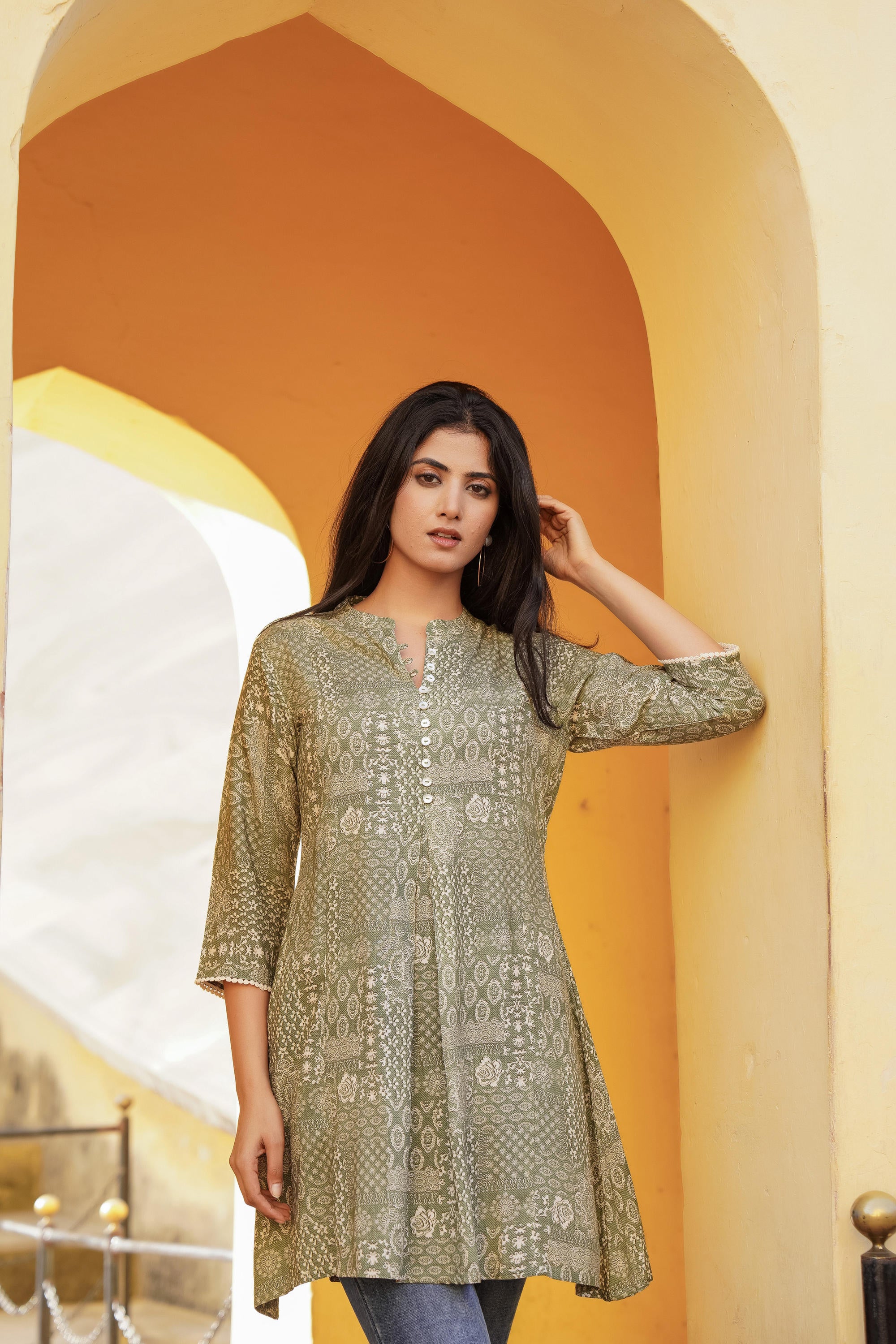 Green Ethnic Motif Printed Viscose Tunic With Buttons