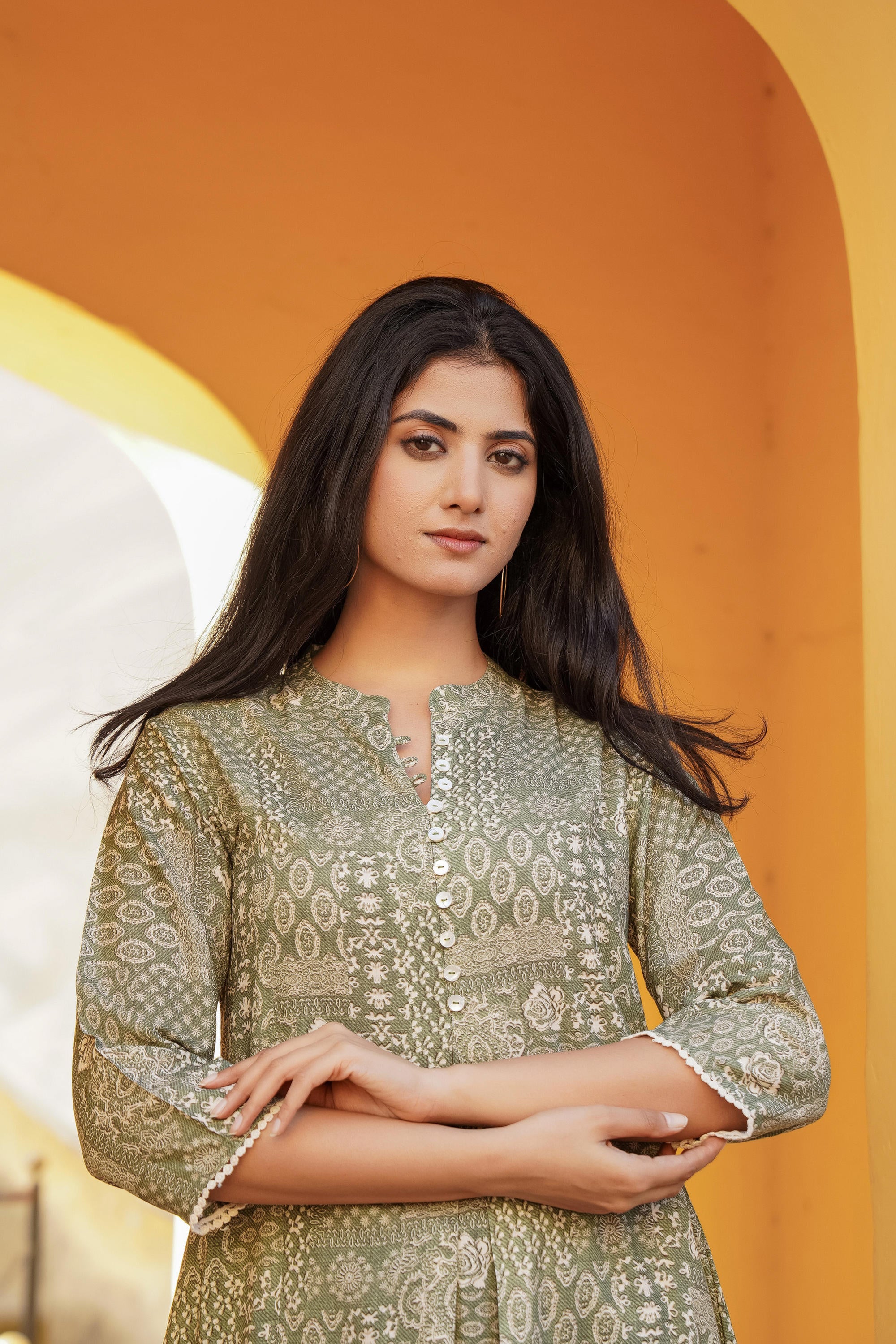 Green Ethnic Motif Printed Viscose Tunic With Buttons