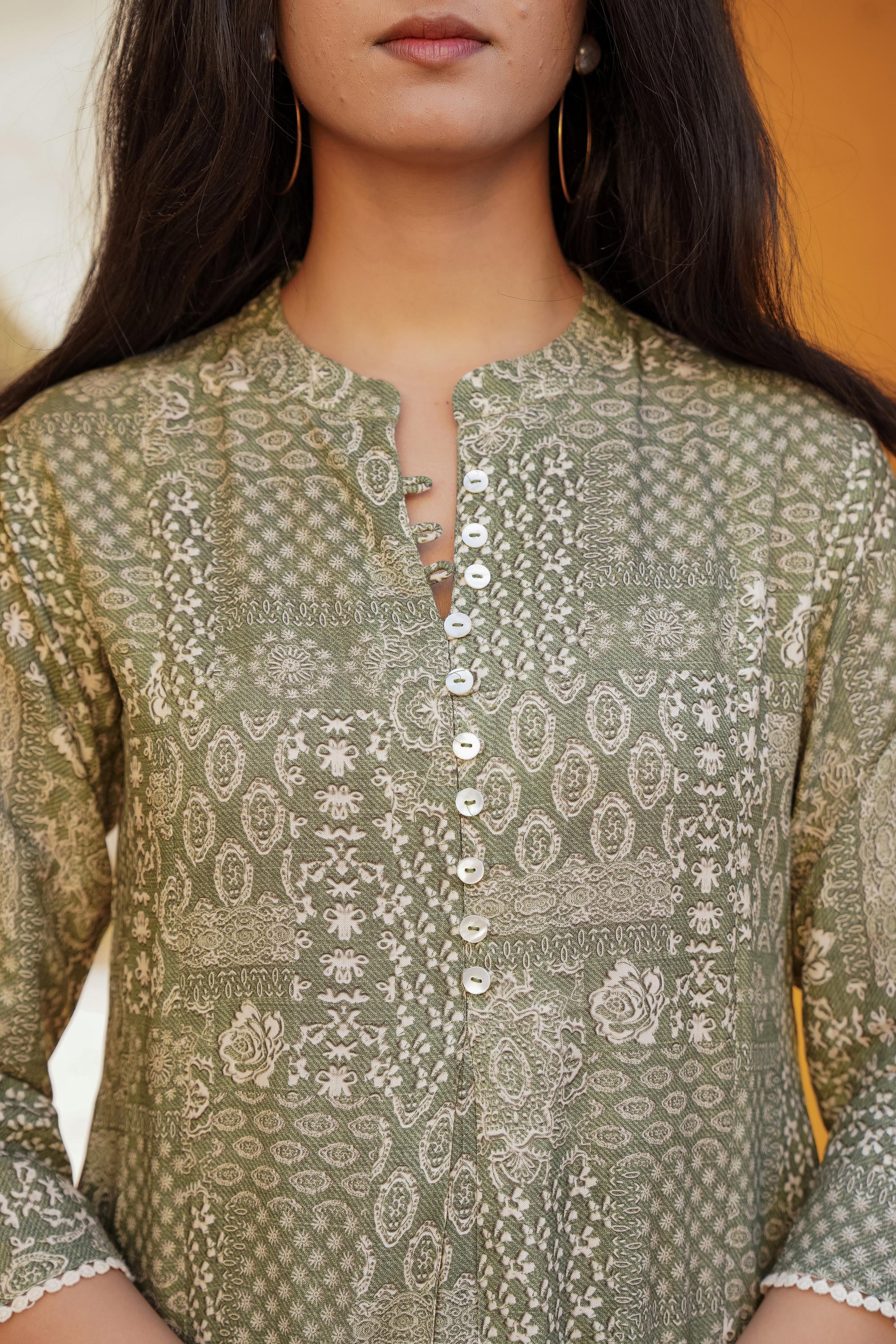 Green Ethnic Motif Printed Viscose Tunic With Buttons