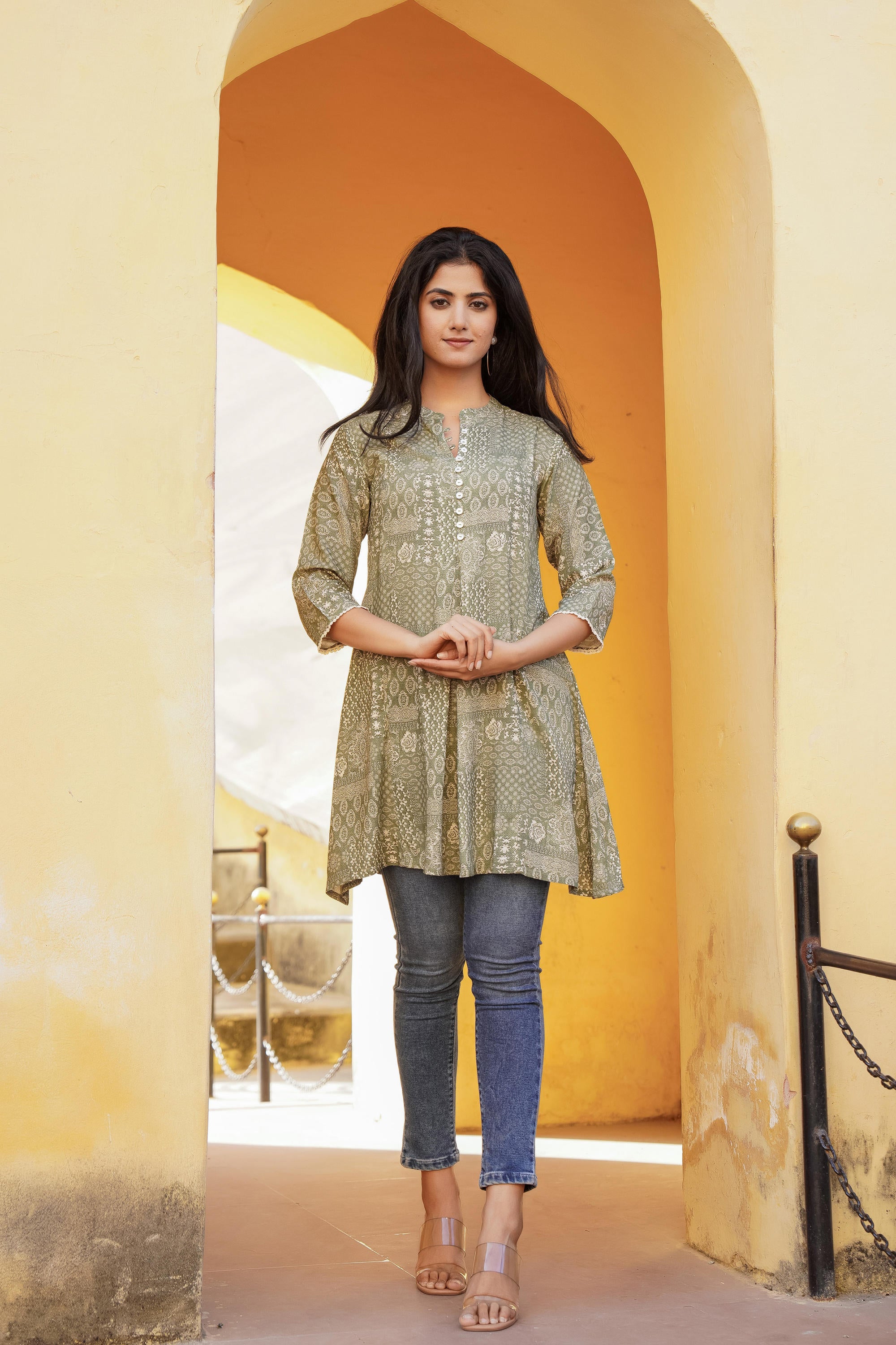 Green Ethnic Motif Printed Viscose Tunic With Buttons