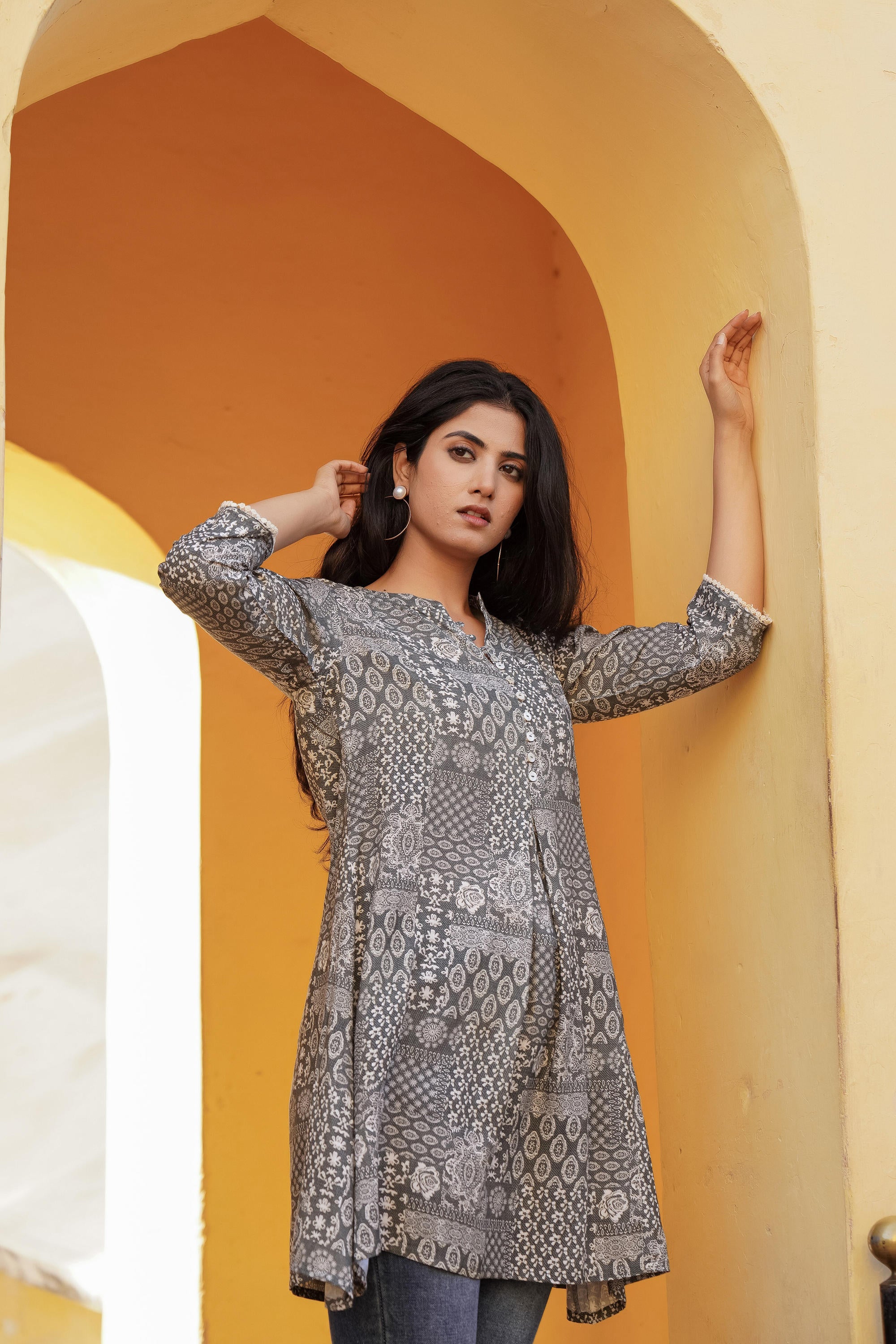 Grey Ethnic Motif Printed Viscose Tunic With Buttons