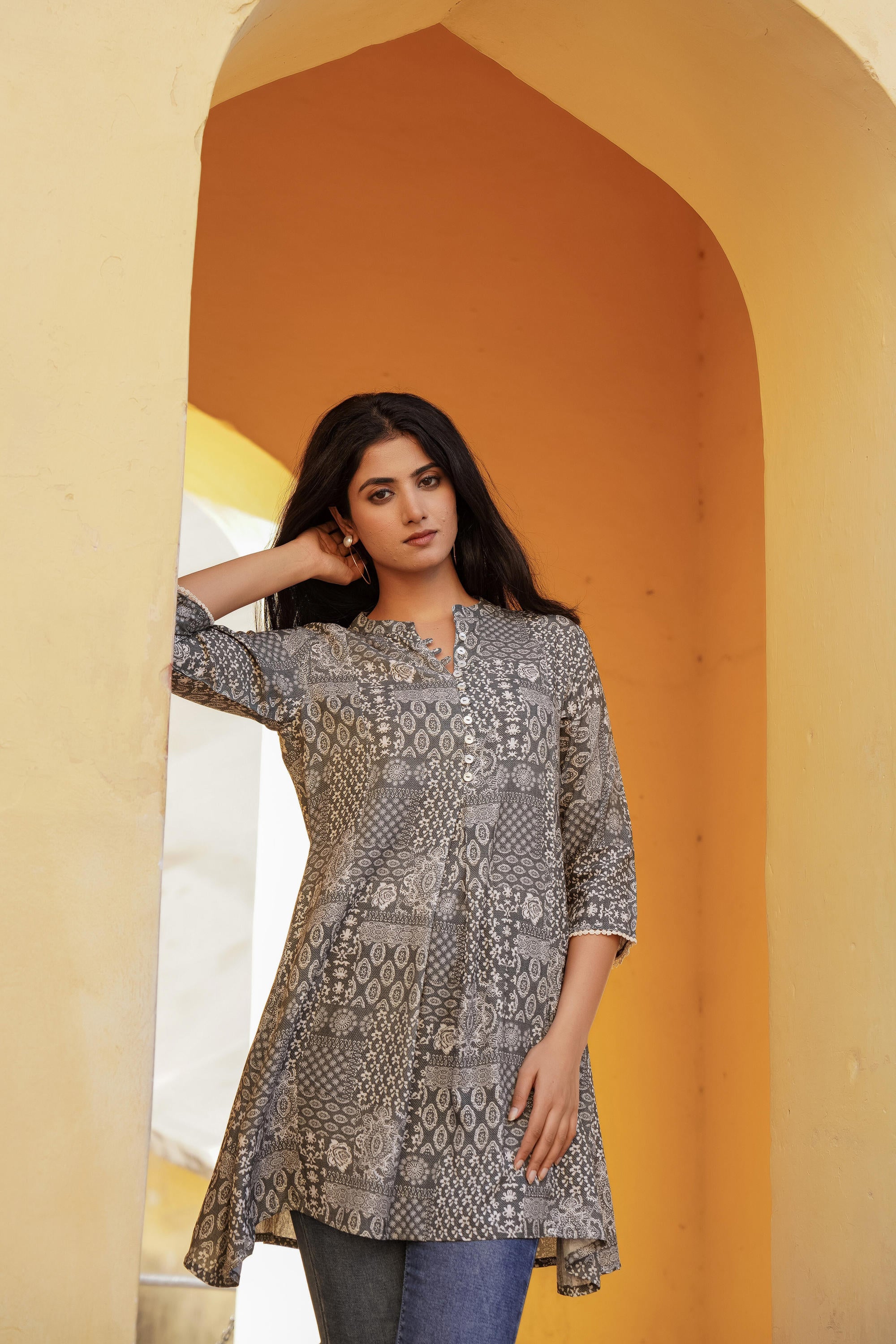 Grey Ethnic Motif Printed Viscose Tunic With Buttons