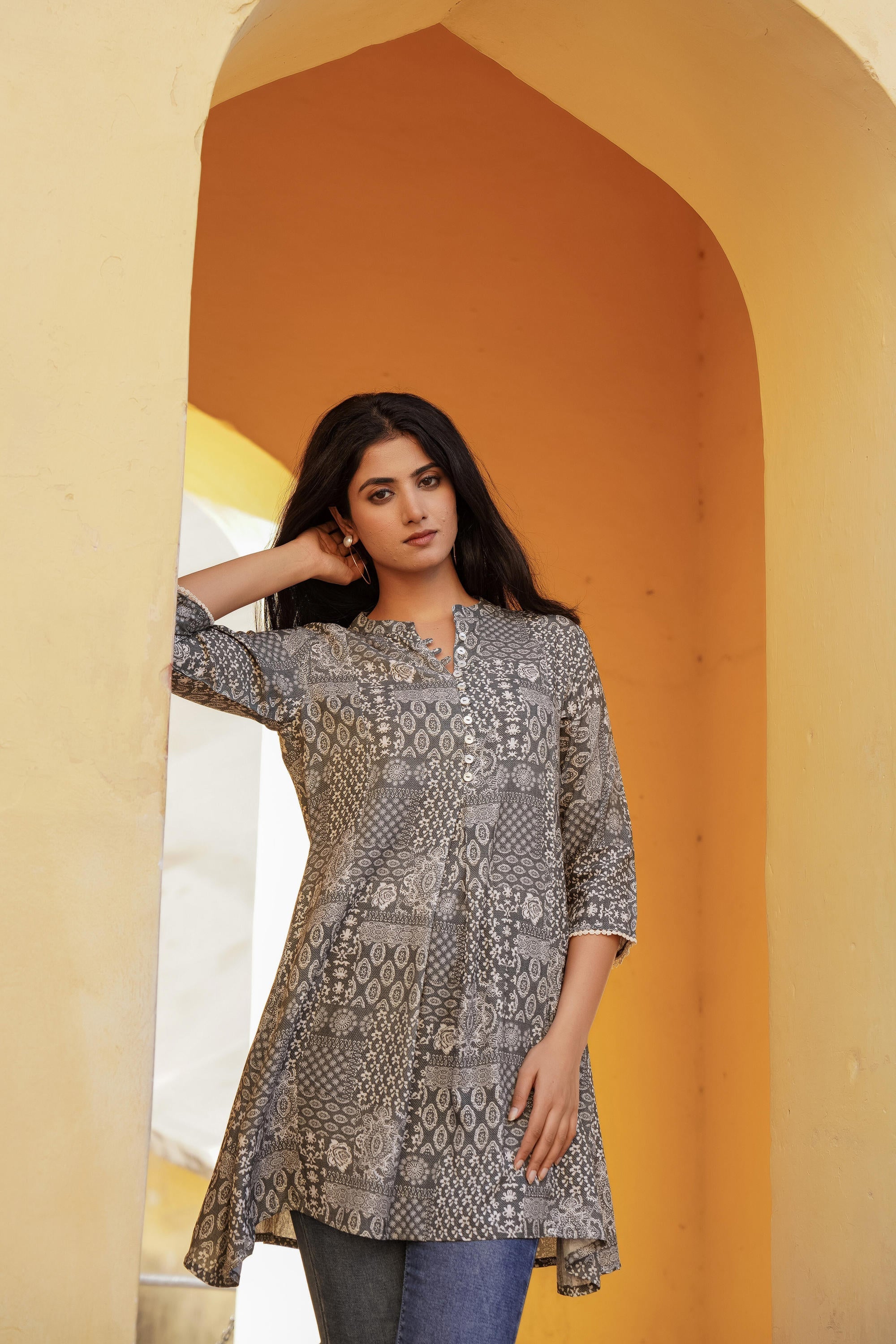 Grey Ethnic Motif Printed Viscose Tunic With Buttons