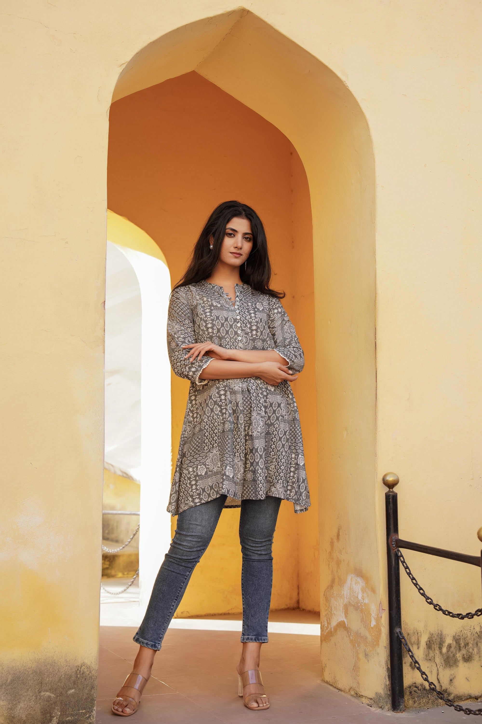Grey Ethnic Motif Printed Viscose Tunic With Buttons