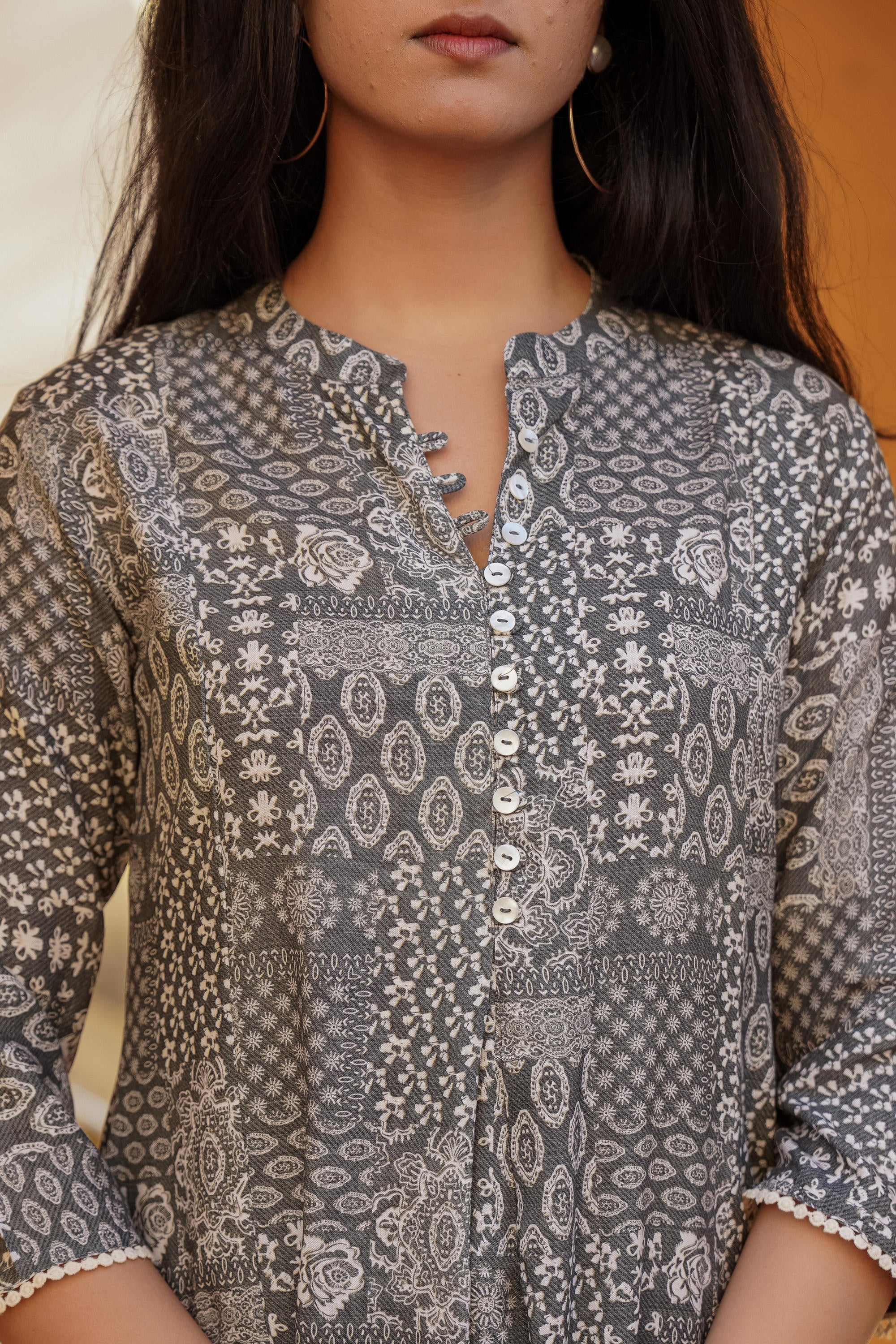 Grey Ethnic Motif Printed Viscose Tunic With Buttons