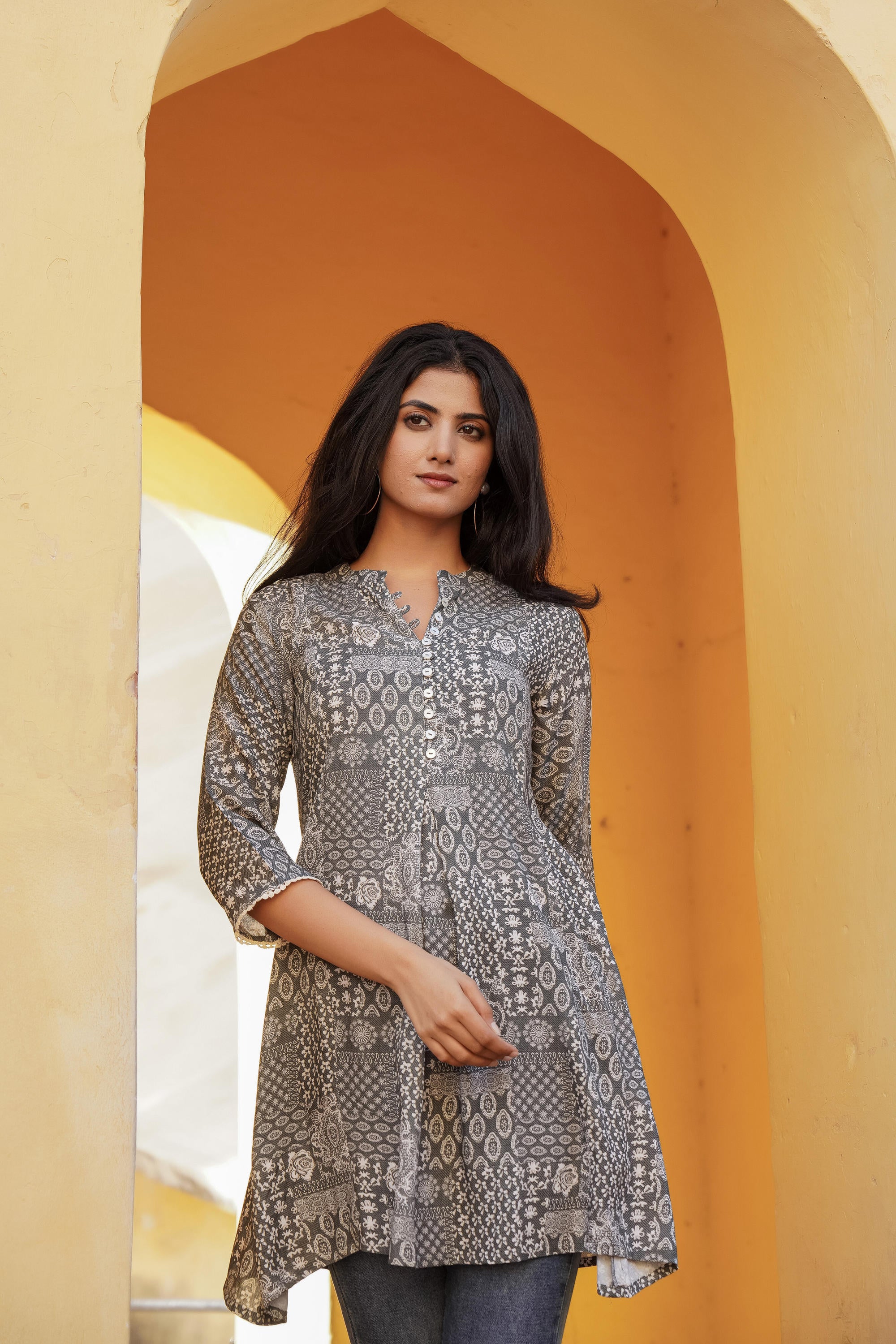 Grey Ethnic Motif Printed Viscose Tunic With Buttons