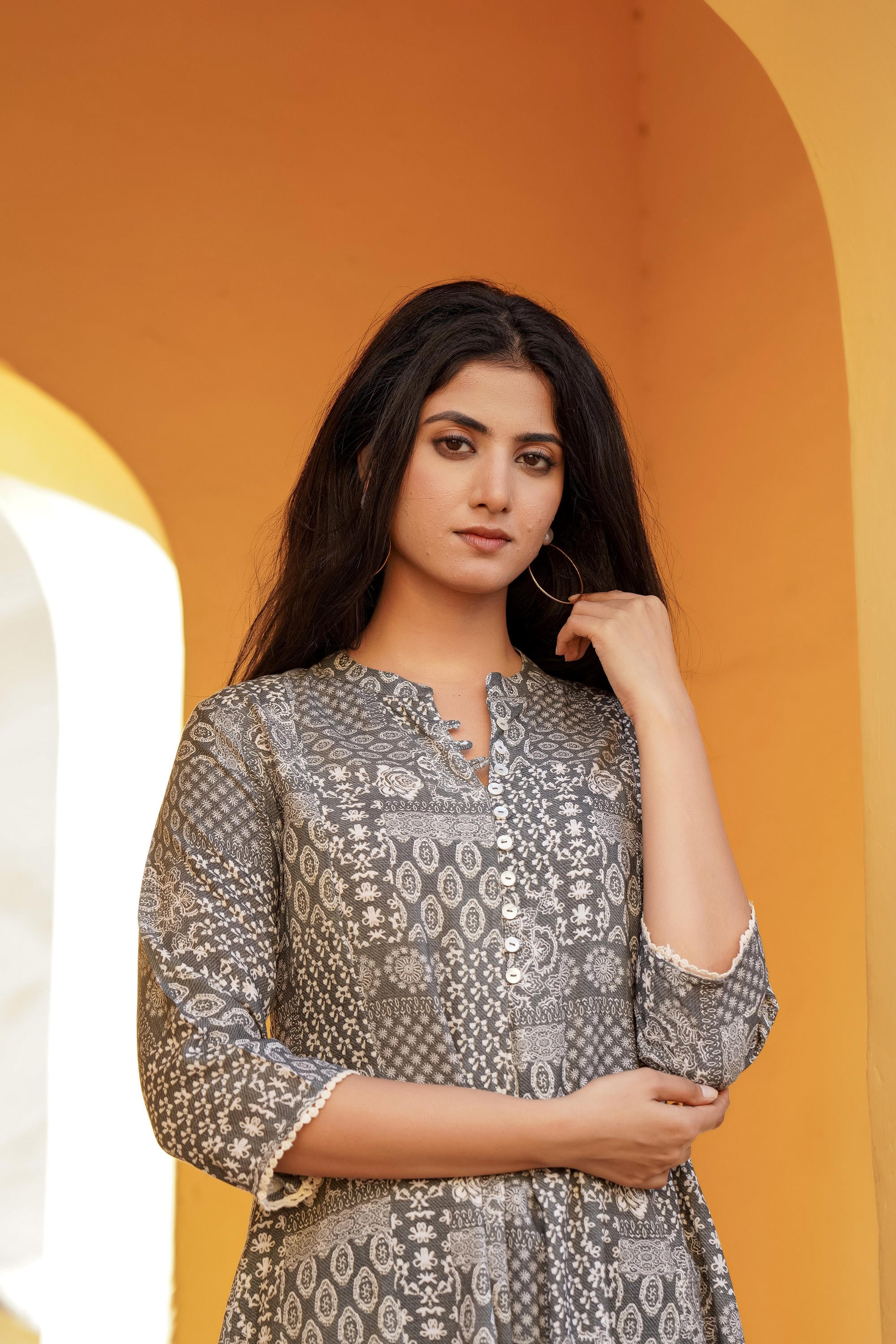 Grey Ethnic Motif Printed Viscose Tunic With Buttons