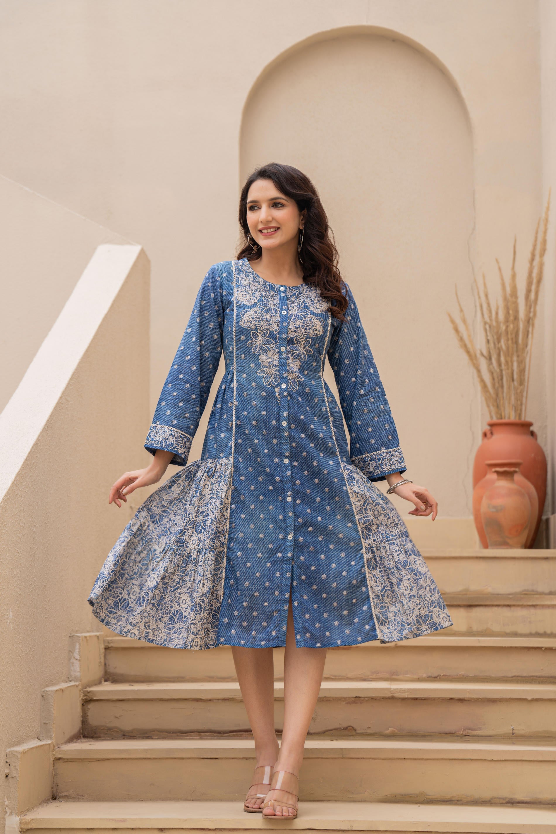 Blue Printed Cotton Dress With Lace & Buttons