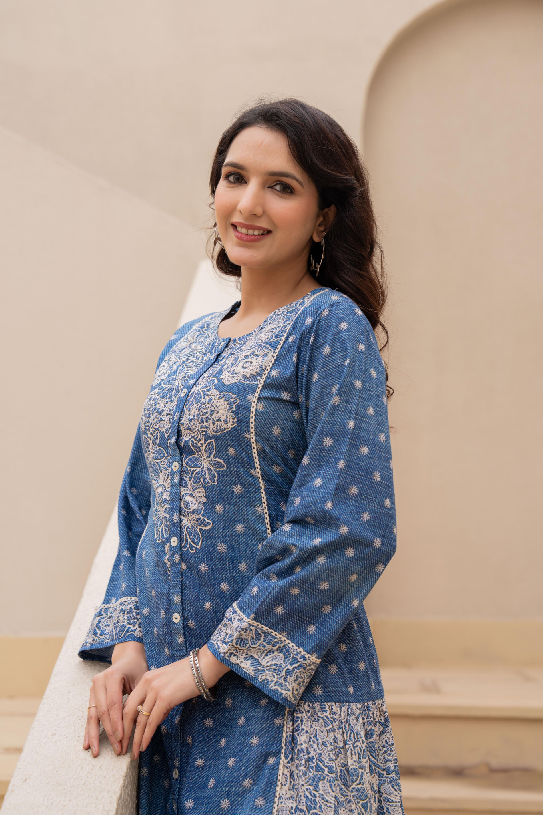 Blue Printed Cotton Dress With Lace & Buttons