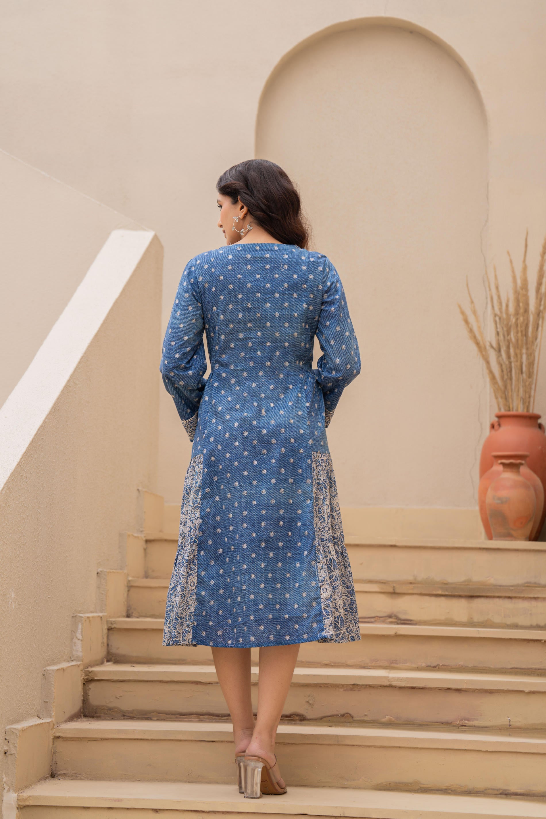 Blue Printed Cotton Dress With Lace & Buttons