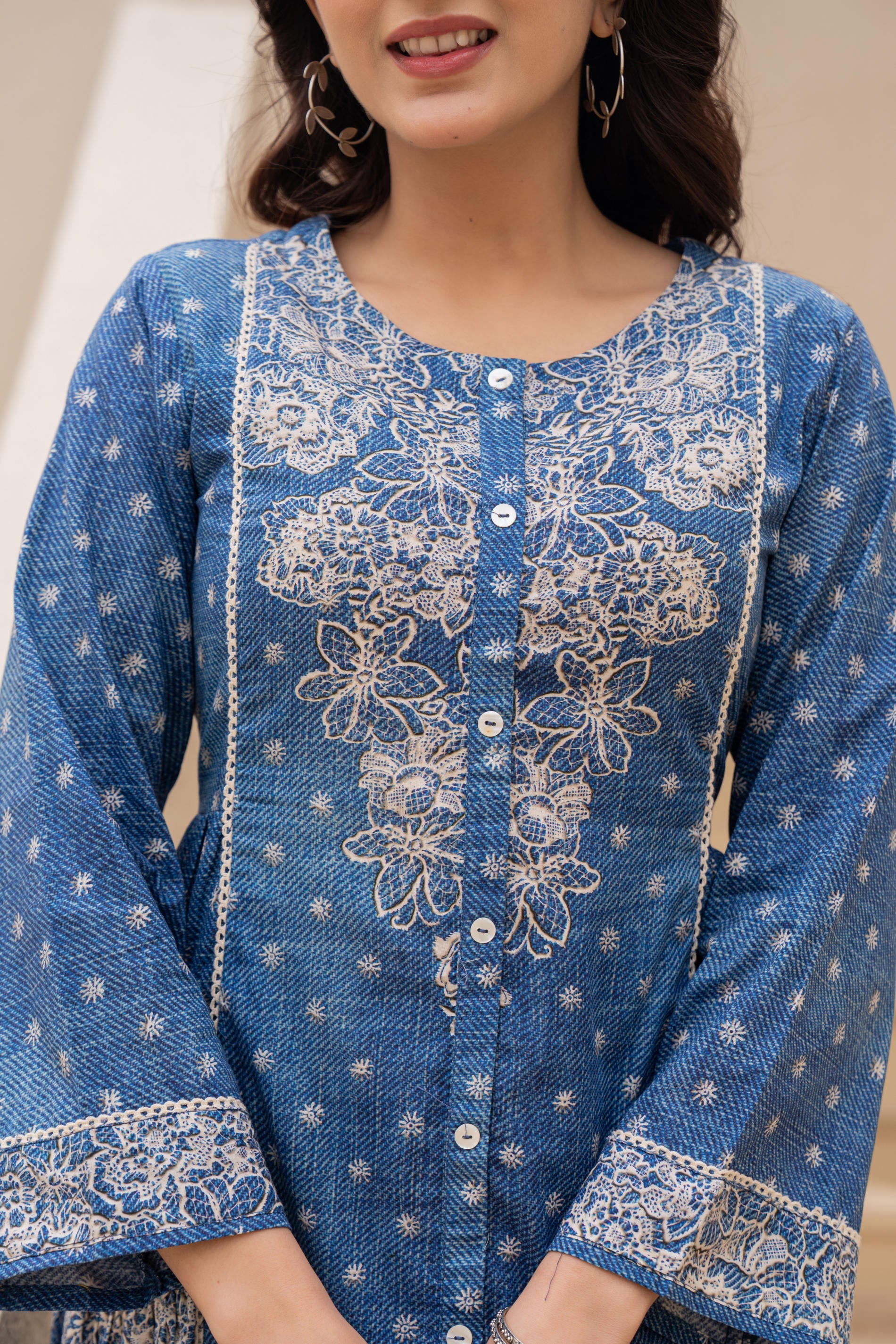 Blue Printed Cotton Dress With Lace & Buttons