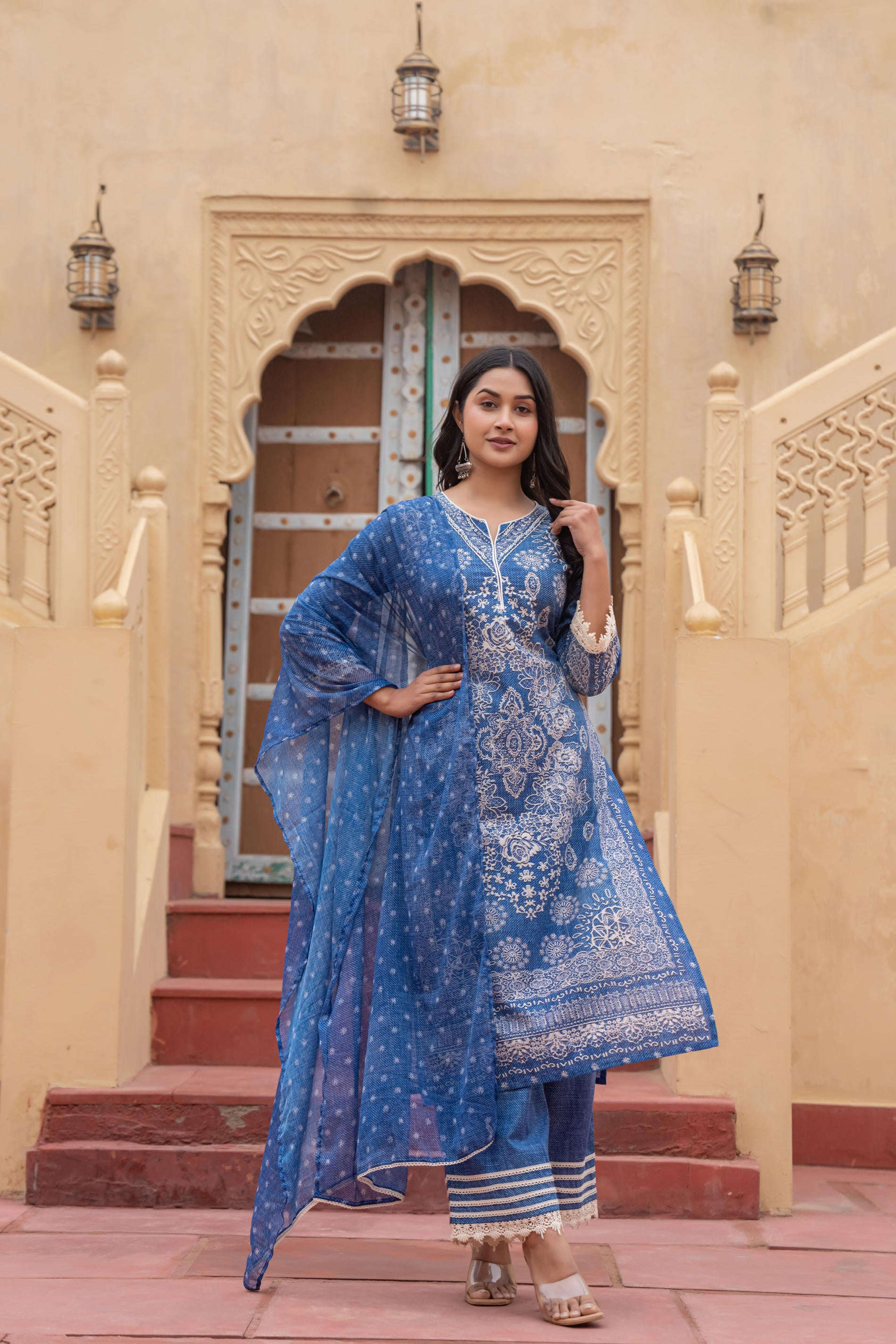 Indigo Bloom Ethnic Print Straight Kurta Set with Dupatta