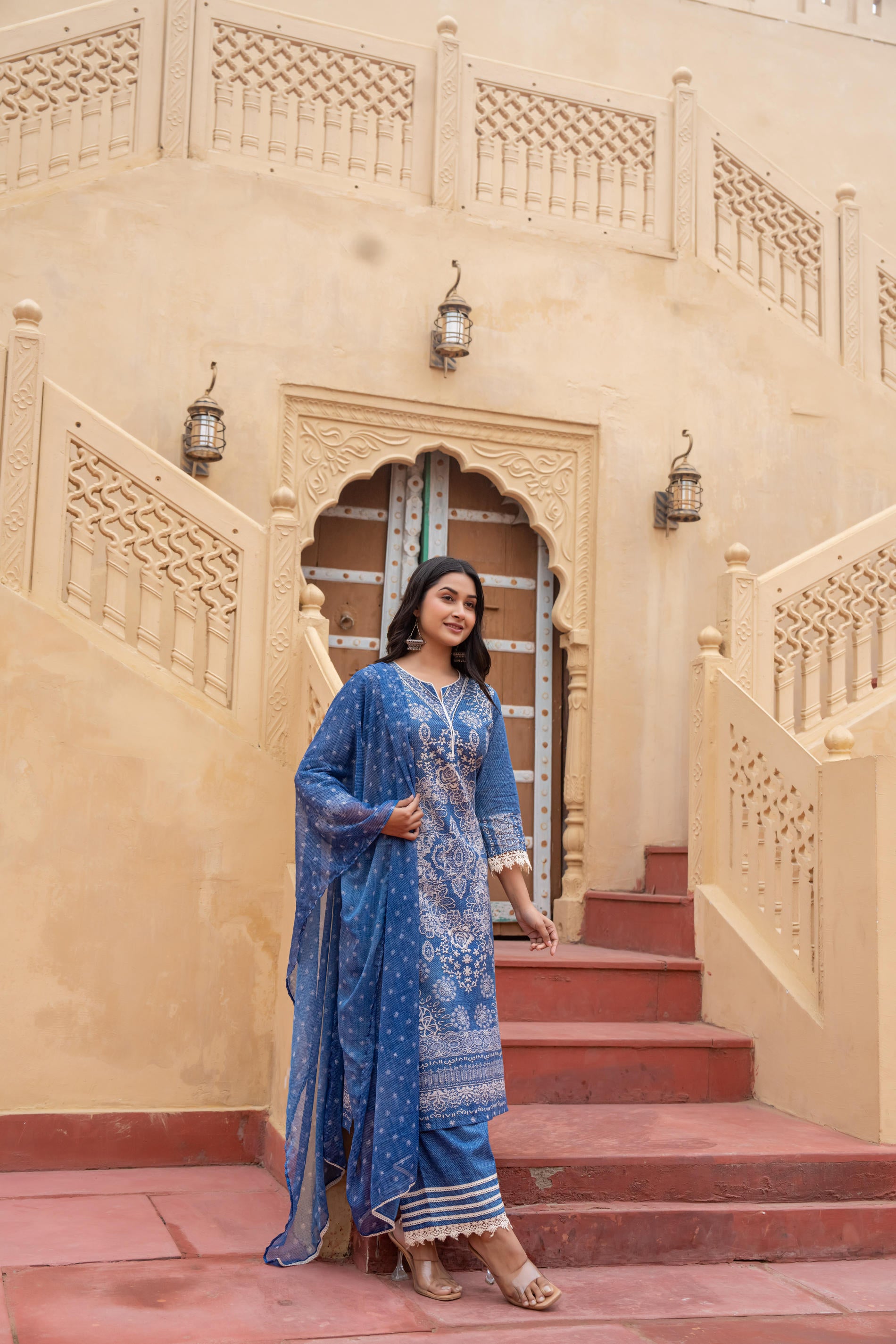 Indigo Bloom Ethnic Print Straight Kurta Set with Dupatta