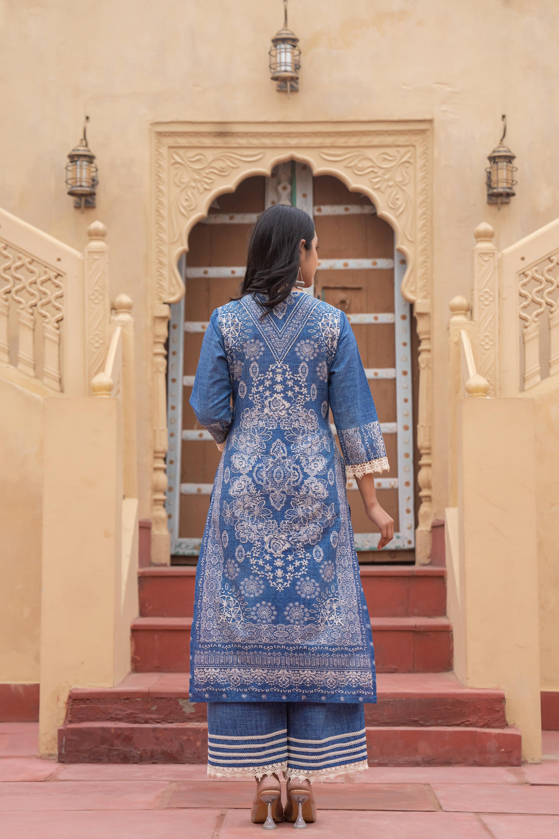 Indigo Bloom Ethnic Print Straight Kurta Set with Dupatta