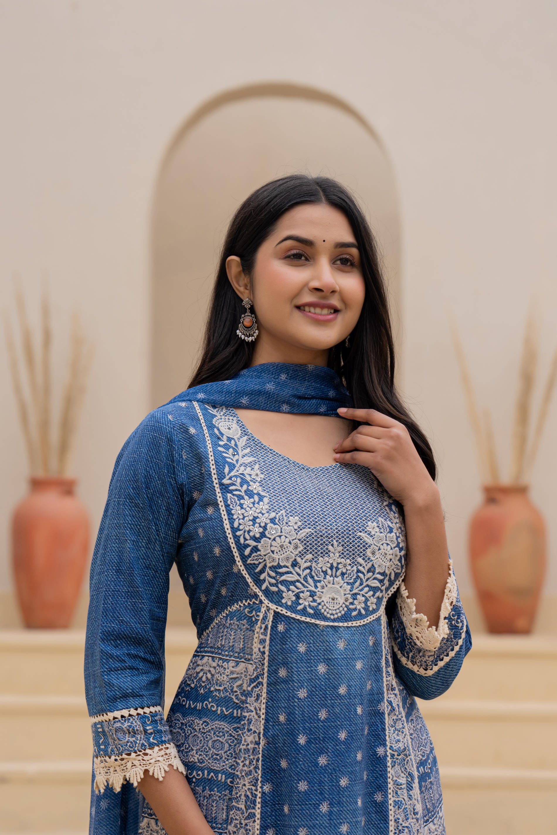 Indigo Breeze Printed & Embroidered Anarkali Kurta Set with Dupatta”