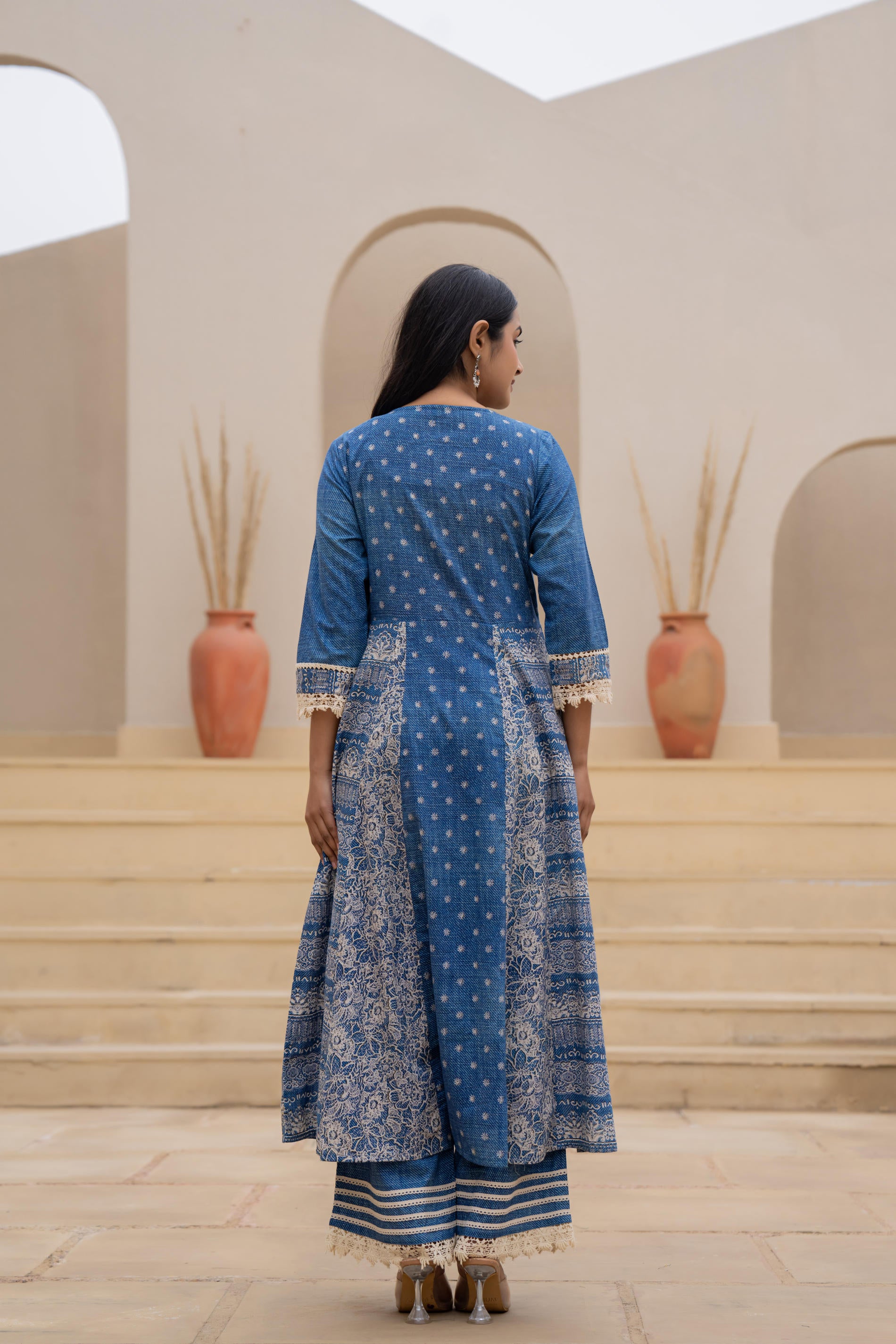 Indigo Breeze Printed & Embroidered Anarkali Kurta Set with Dupatta”