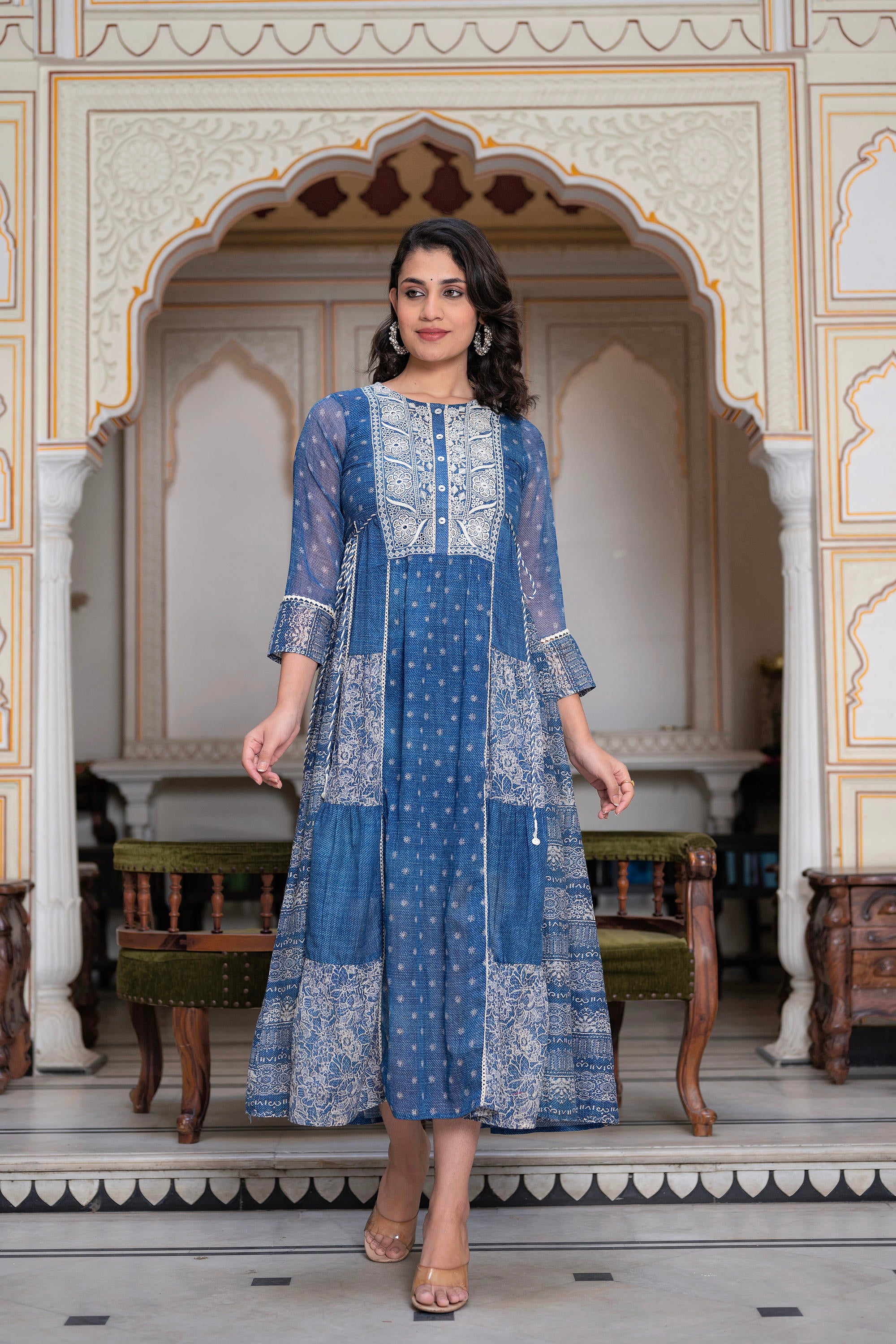 Blue Floral Embroidered Cotton Dress with Tassels & Denim Look