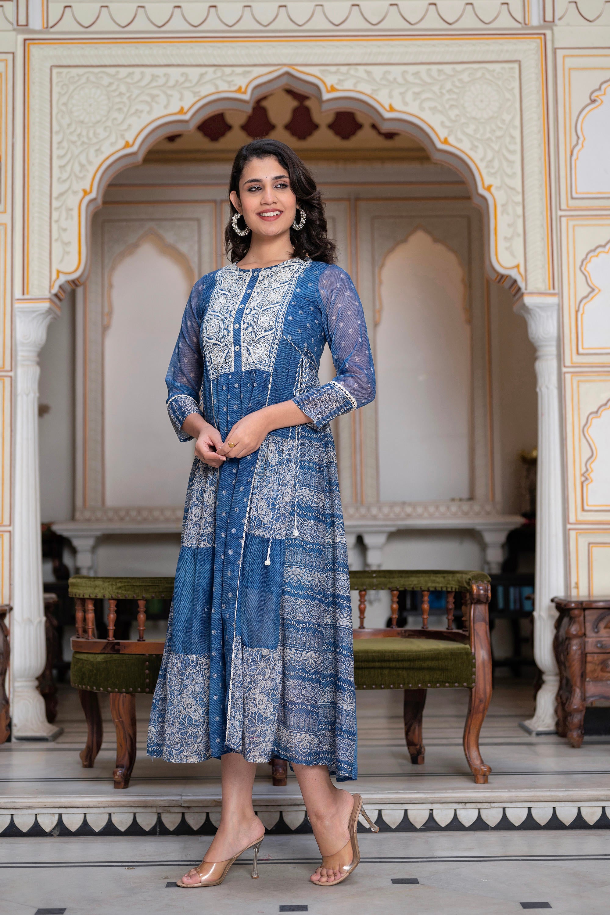 Blue Floral Embroidered Cotton Dress with Tassels & Denim Look
