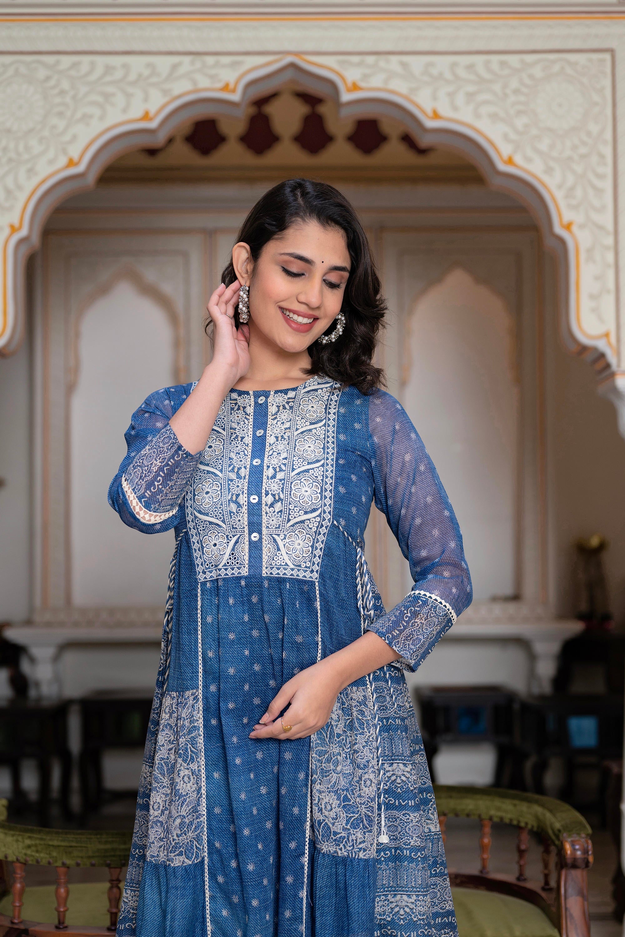 Blue Floral Embroidered Cotton Dress with Tassels & Denim Look