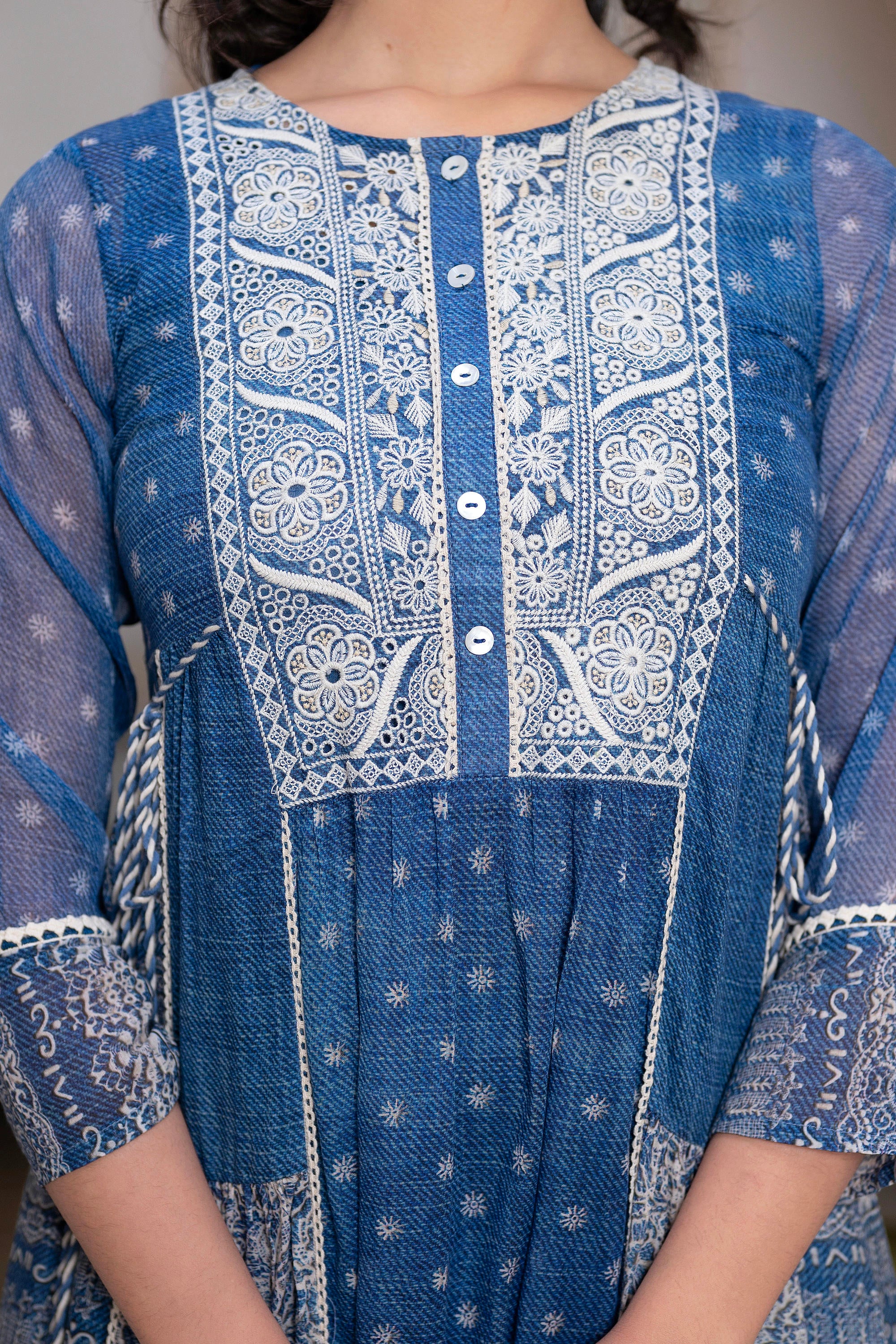 Blue Floral Embroidered Cotton Dress with Tassels & Denim Look