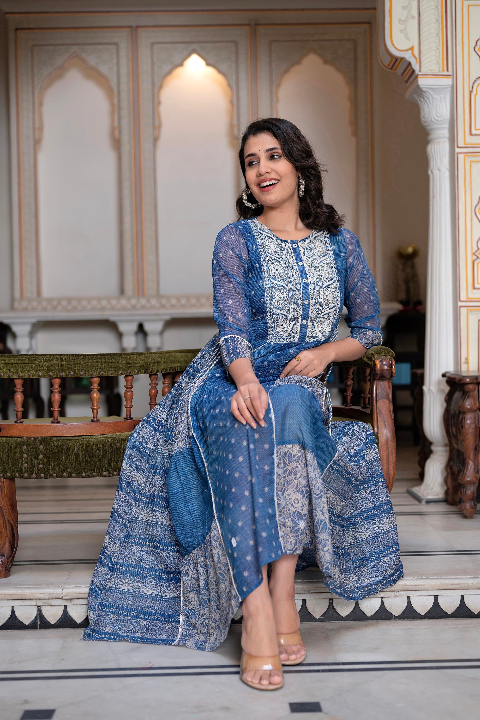 Blue Floral Embroidered Cotton Dress with Tassels & Denim Look