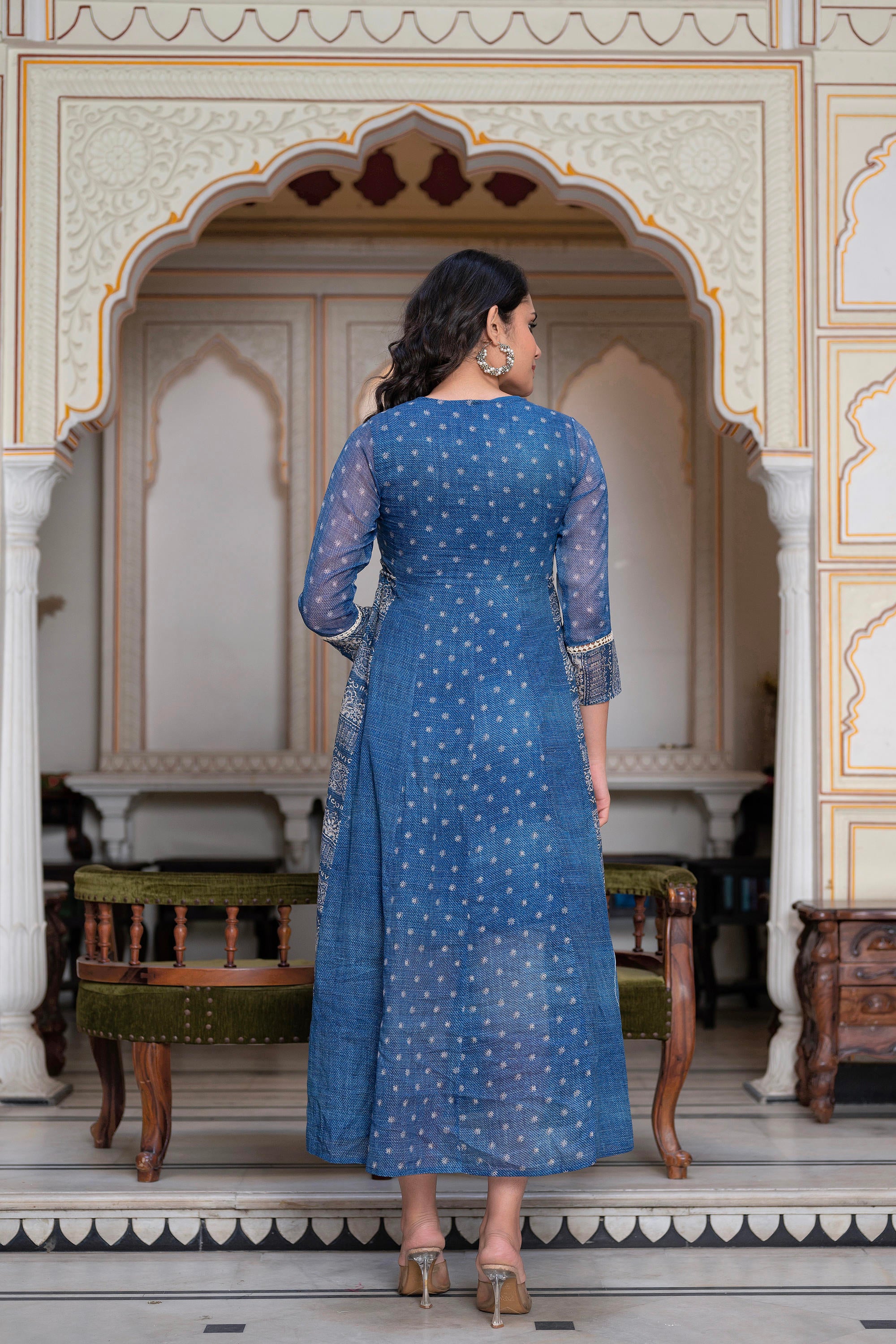 Blue Floral Embroidered Cotton Dress with Tassels & Denim Look