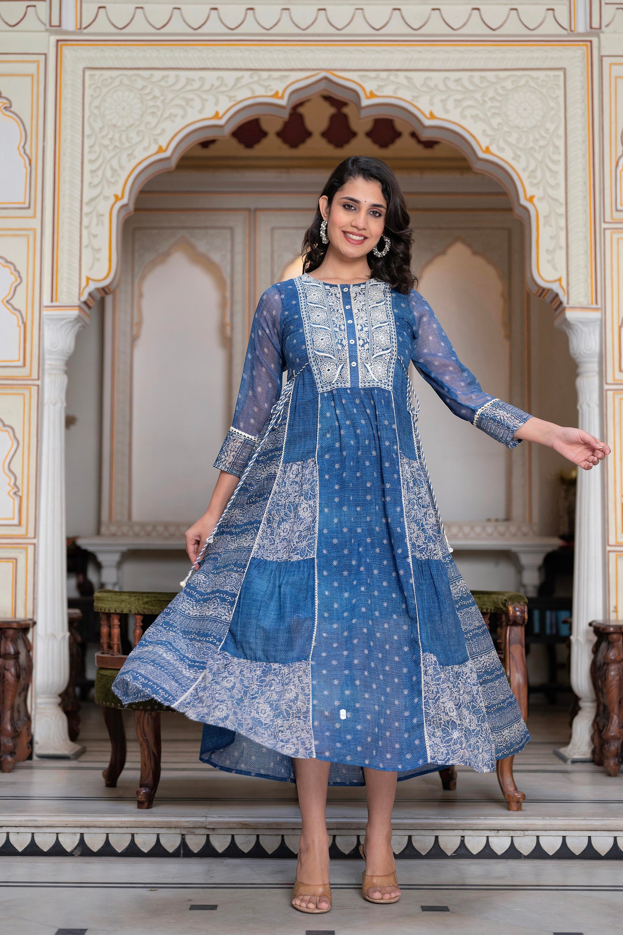 Blue Floral Embroidered Cotton Dress with Tassels & Denim Look