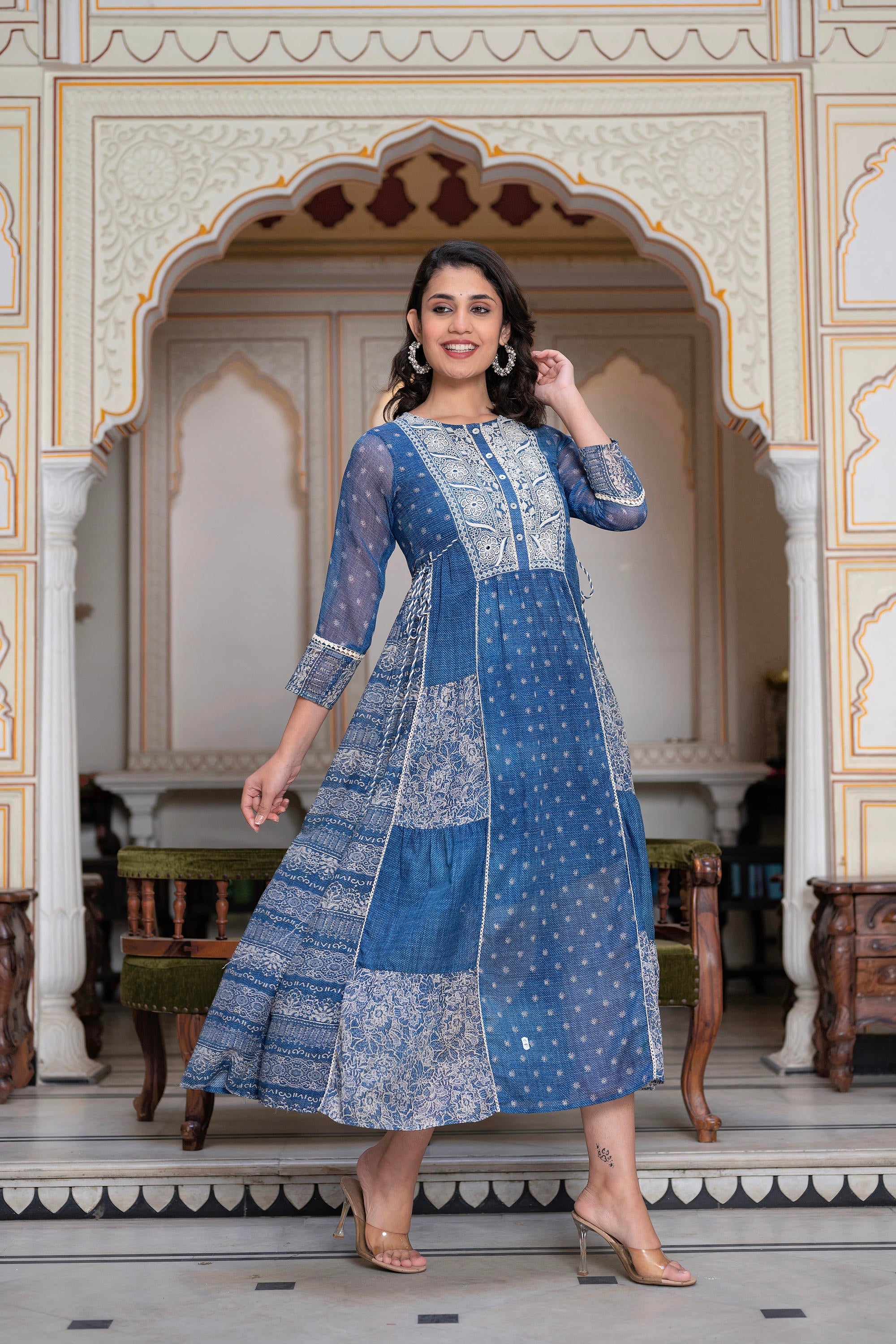 Blue Floral Embroidered Cotton Dress with Tassels & Denim Look